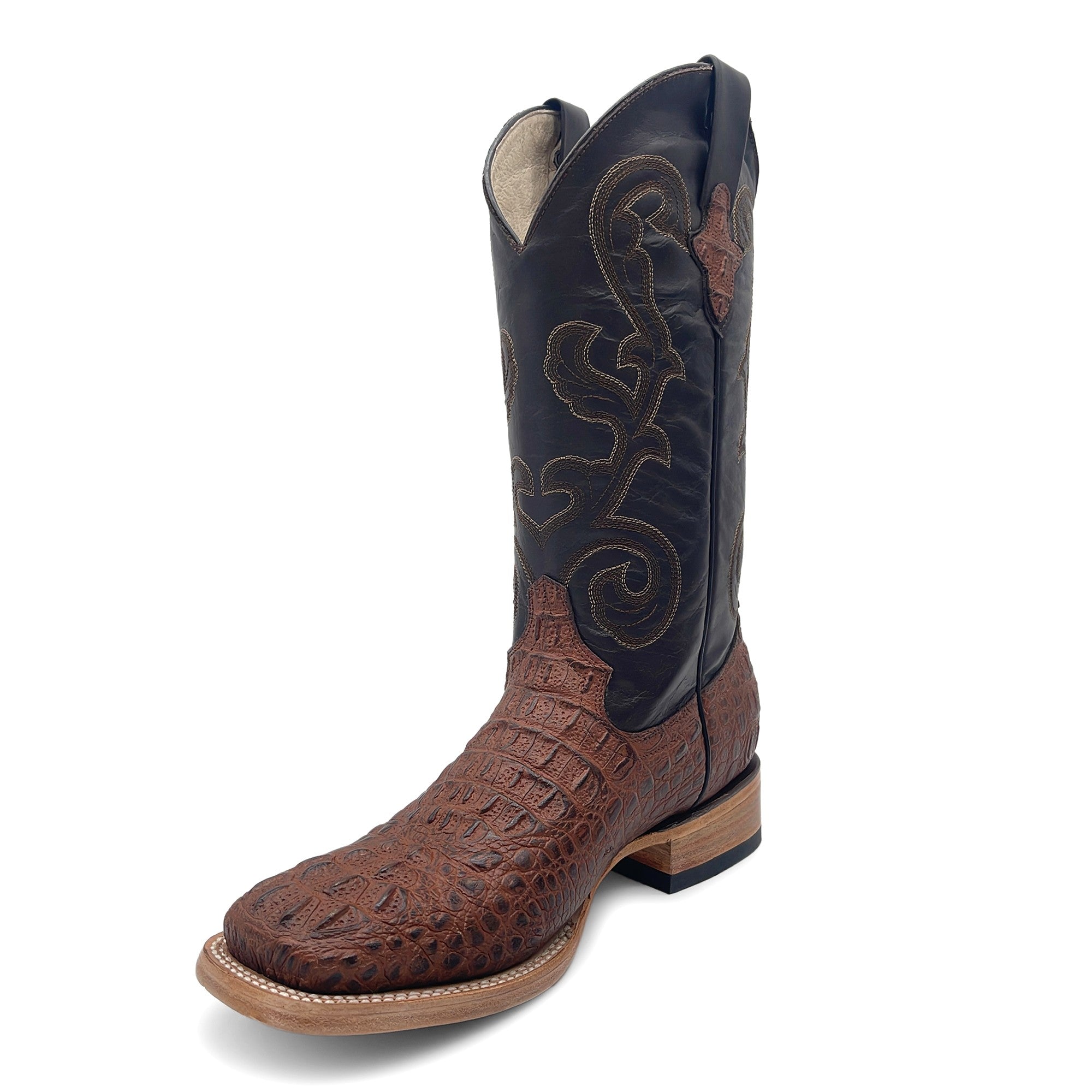 Men’s Leather Cowboy Boot Square Toe Embossed Alligator Crocodile Print