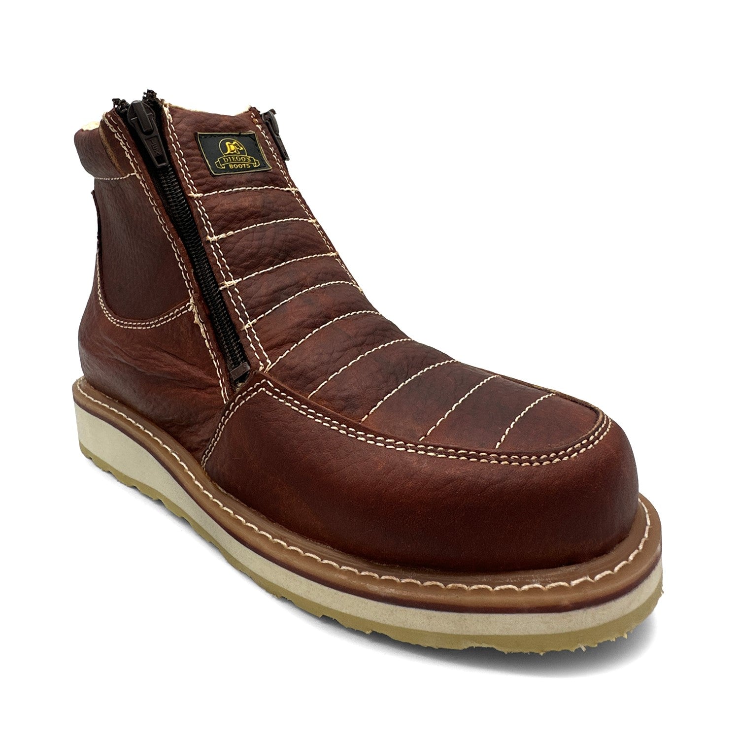 Men's Leather Moc Toe Double Zipper Soft Toe Work Boot
