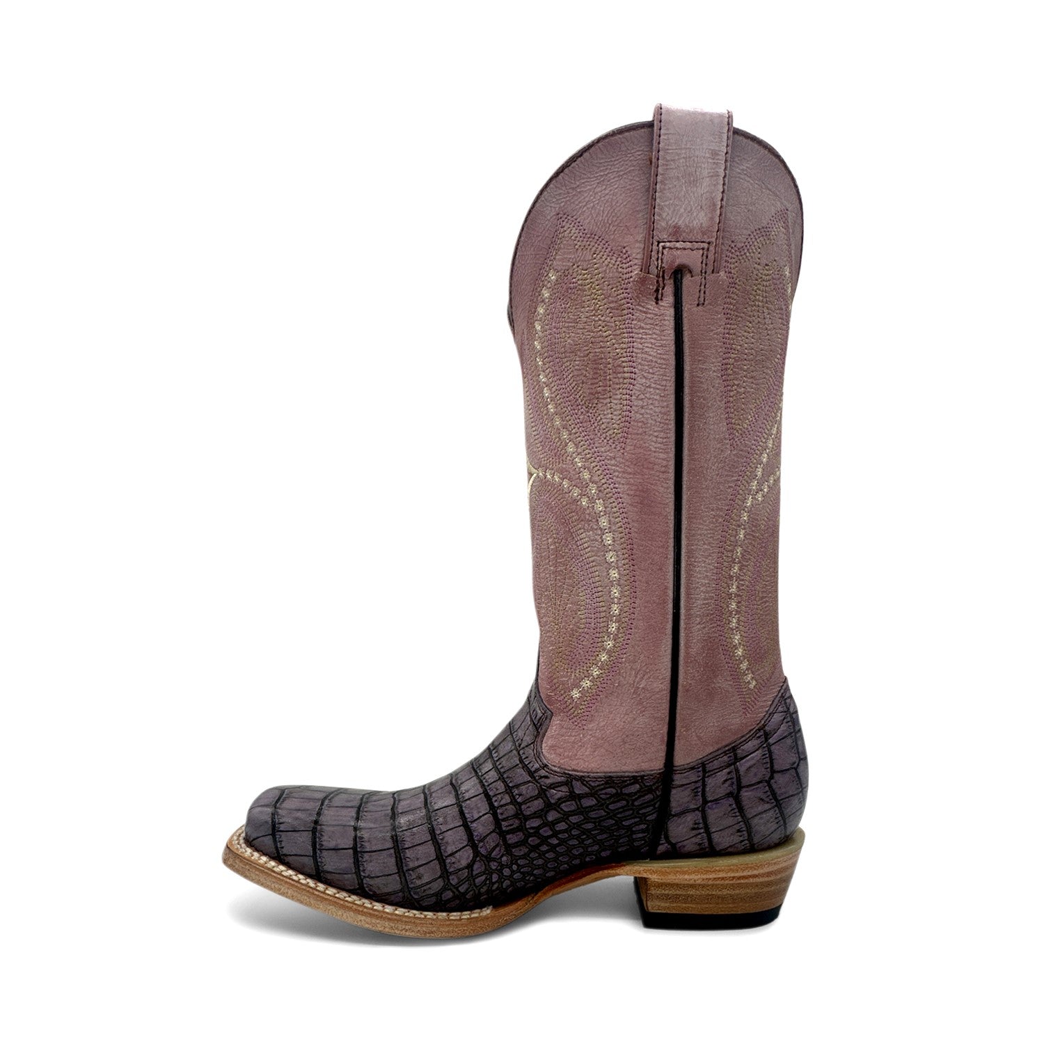 Women's Leather Square Toe Embossed Crocodile Alligator Print Boot