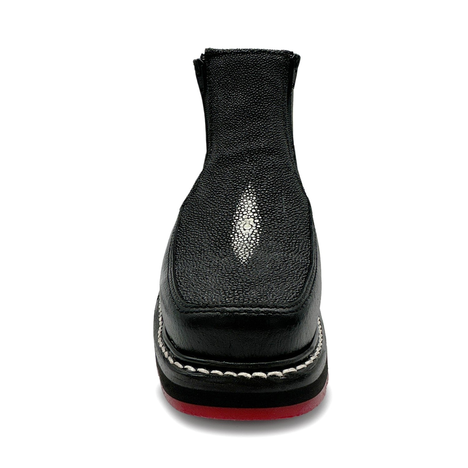 Men’s Black Leather Square Toe Short Ankle Stingray Print Embossed Cowboy Boot