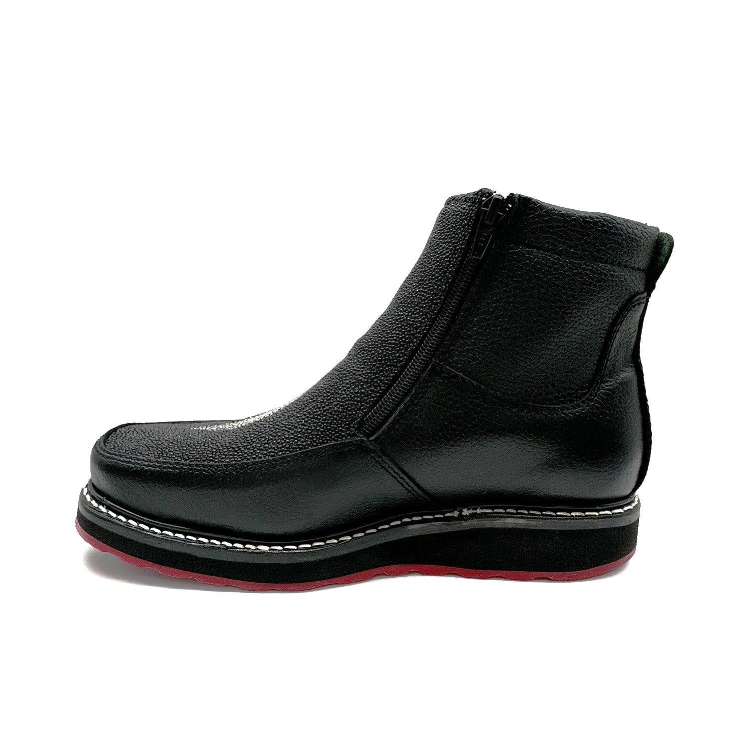 Men’s Black Leather Square Toe Short Ankle Stingray Print Embossed Cowboy Boot