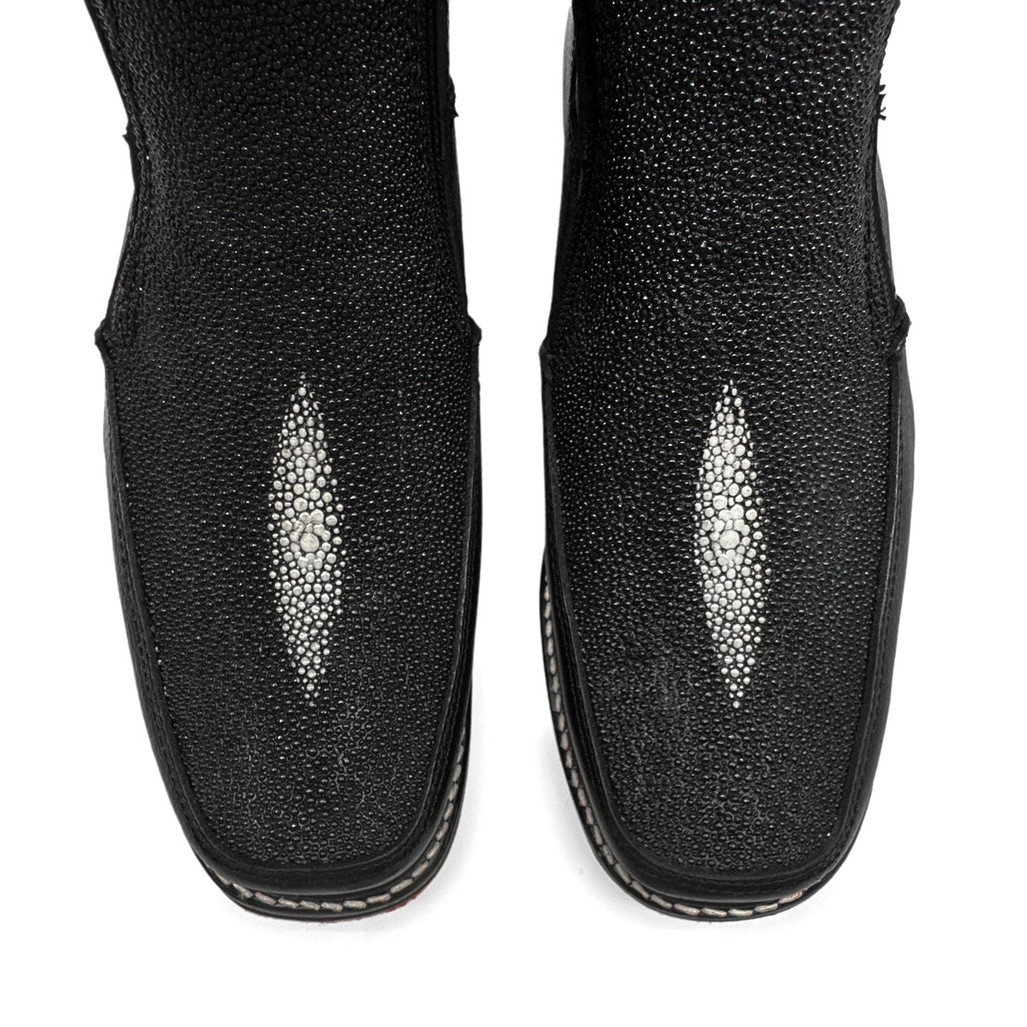 Men’s Black Leather Square Toe Short Ankle Stingray Print Embossed Cowboy Boot