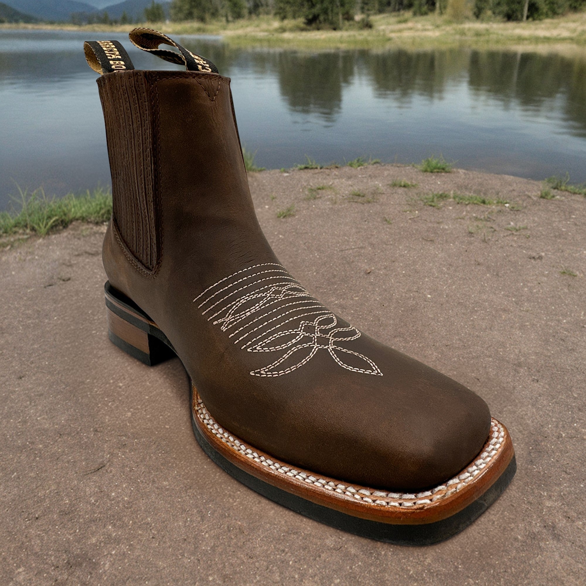 Men’s Genuine Leather Square Toe Short Ankle Cowboy Boot