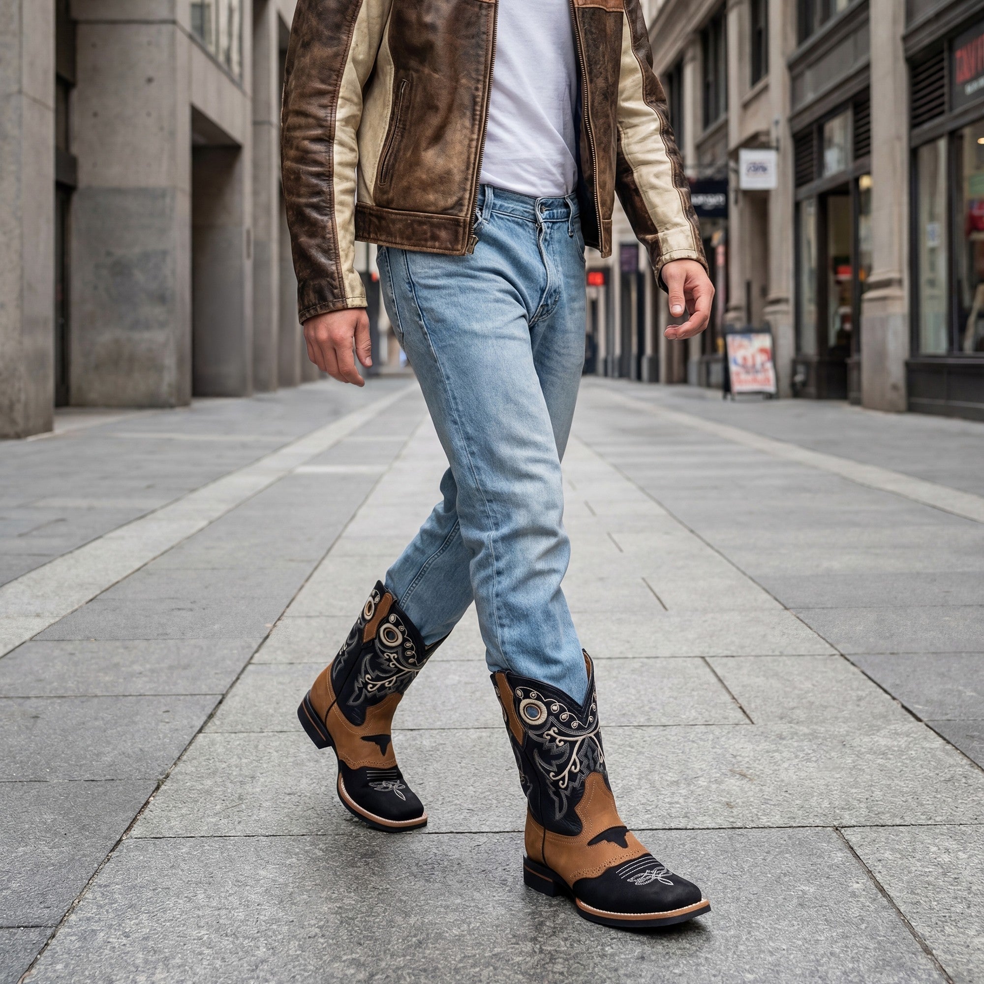 Men's Leather Midcalf Western Boot Square Toe Black Brown
