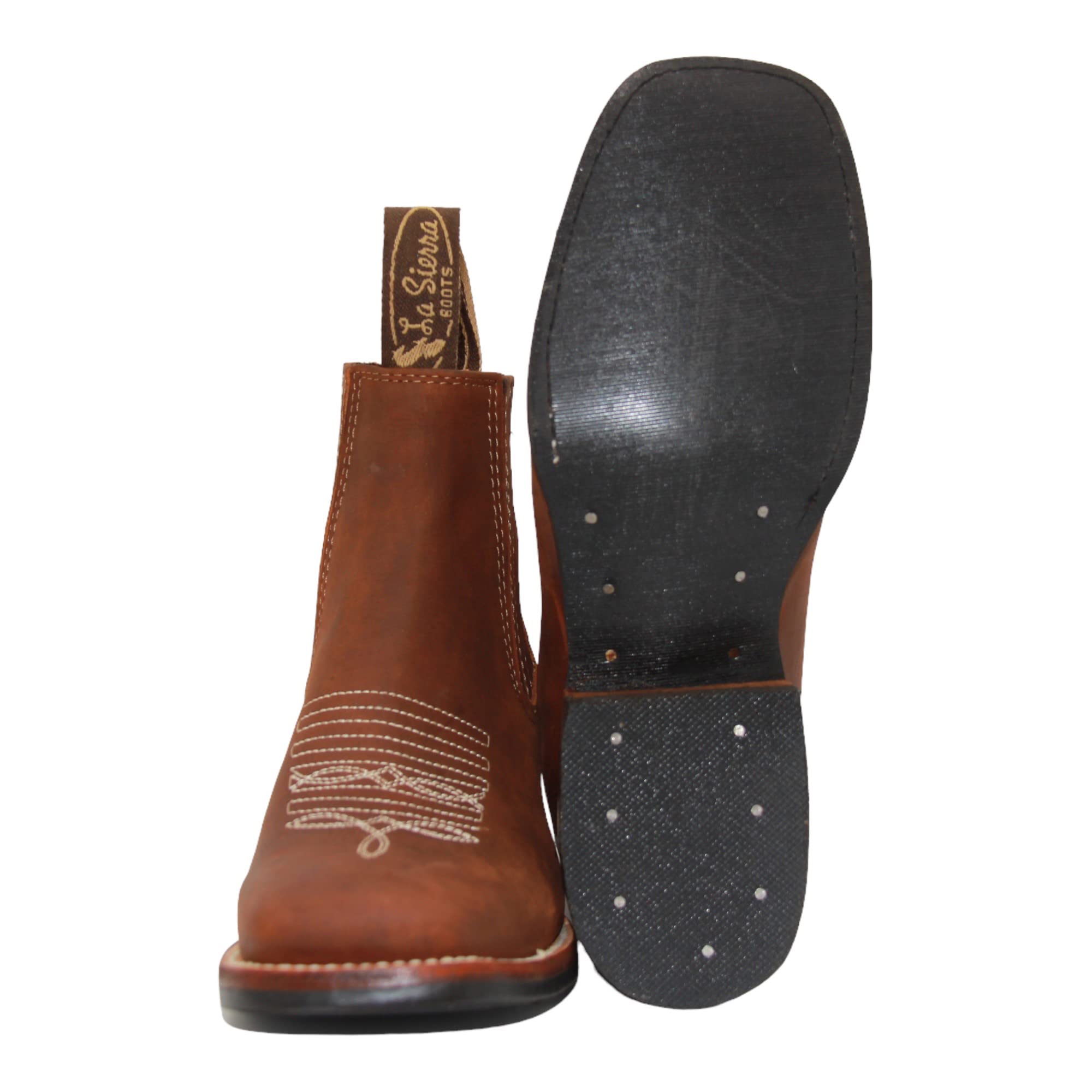 Women's Short Ankle Brown Leather Cowboy Boots, Low Heel Cowgirl Bootie