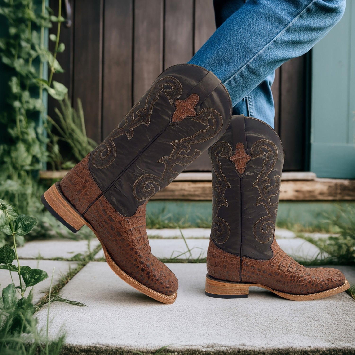 Men’s Leather Cowboy Boot Square Toe Embossed Alligator Crocodile Print