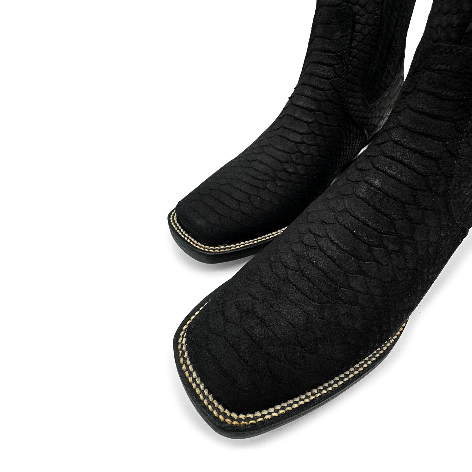 Men’s Genuine Leather Square Toe Embossed Python Snake Print Short Ankle Cowboy Boot