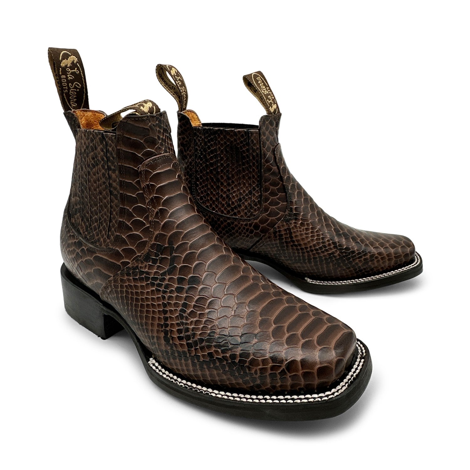 Men’s Genuine Leather Square Toe Embossed Python Snake Print Short Ankle Cowboy Boot
