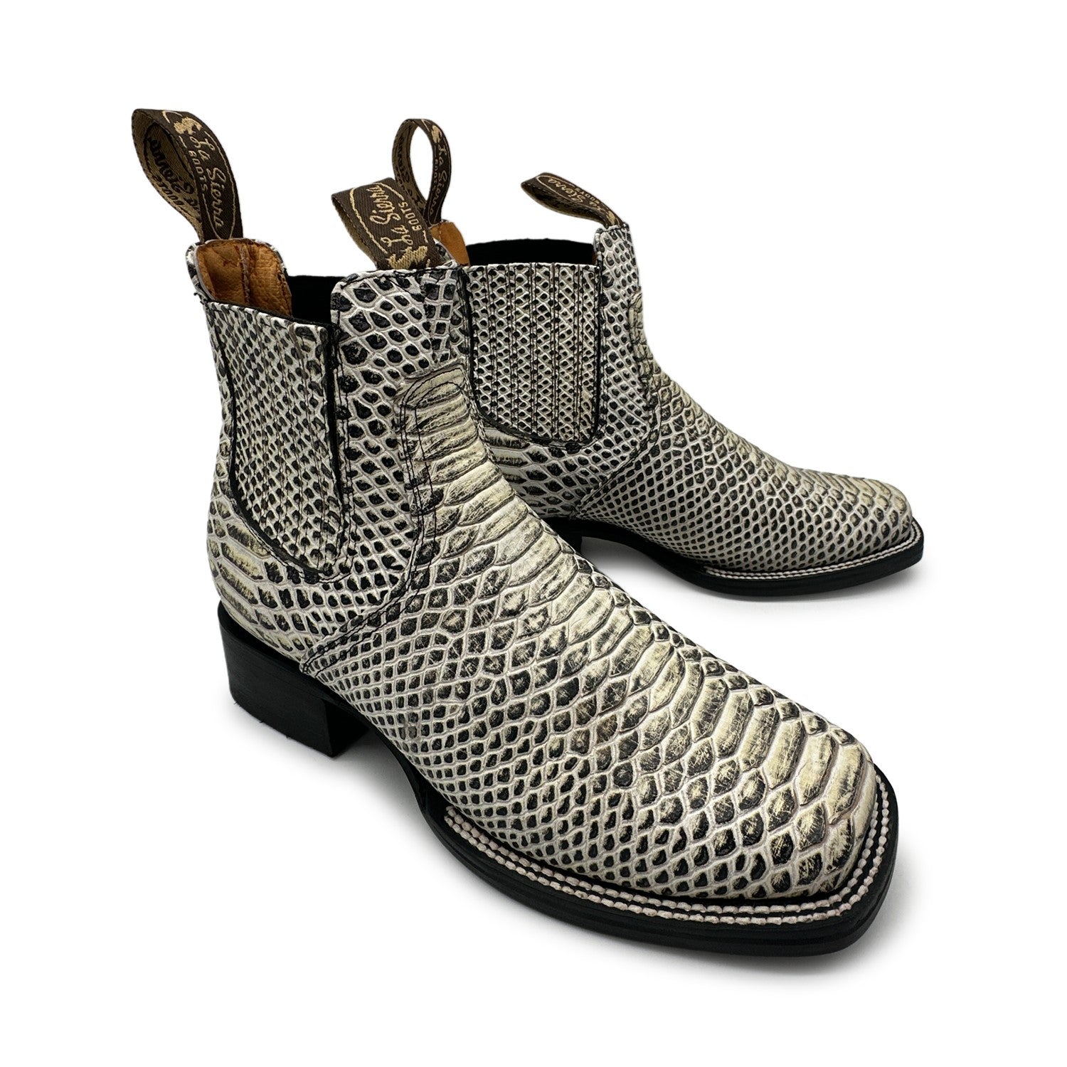 Men’s Genuine Leather Square Toe Embossed Python Snake Print Short Ankle Cowboy Boot