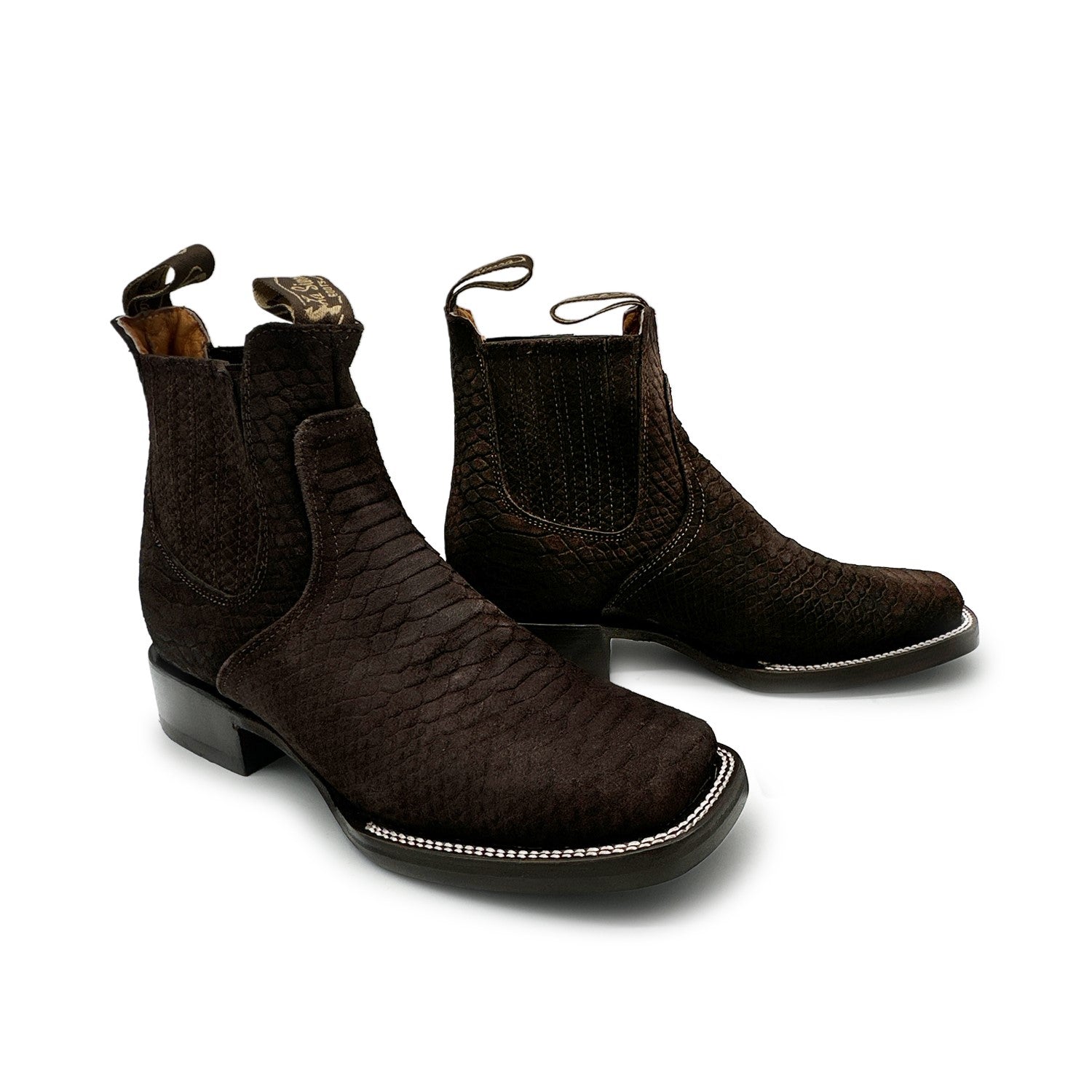 Men’s Genuine Leather Square Toe Embossed Python Snake Print Short Ankle Cowboy Boot