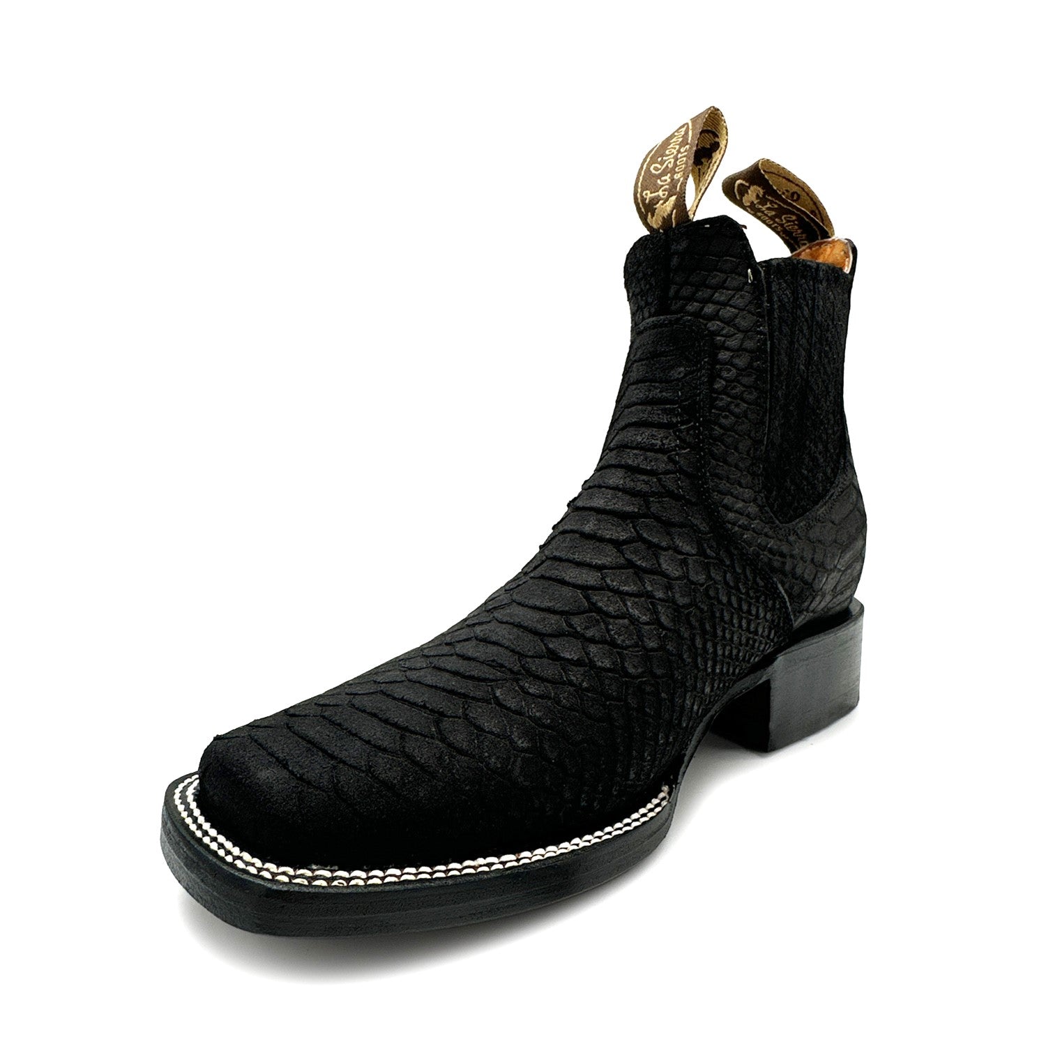 Men’s Genuine Leather Square Toe Embossed Python Snake Print Short Ankle Cowboy Boot