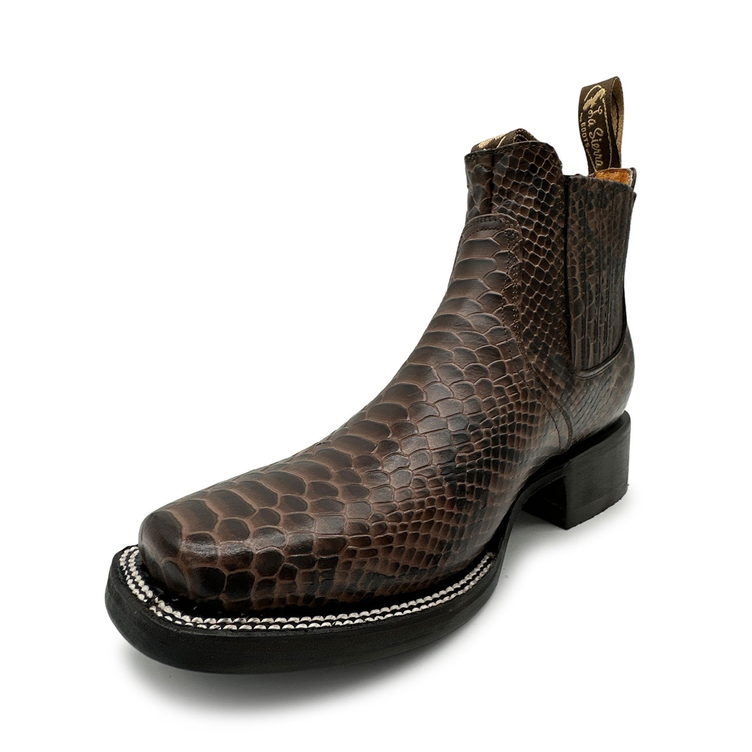 Men’s Genuine Leather Square Toe Embossed Python Snake Print Short Ankle Cowboy Boot