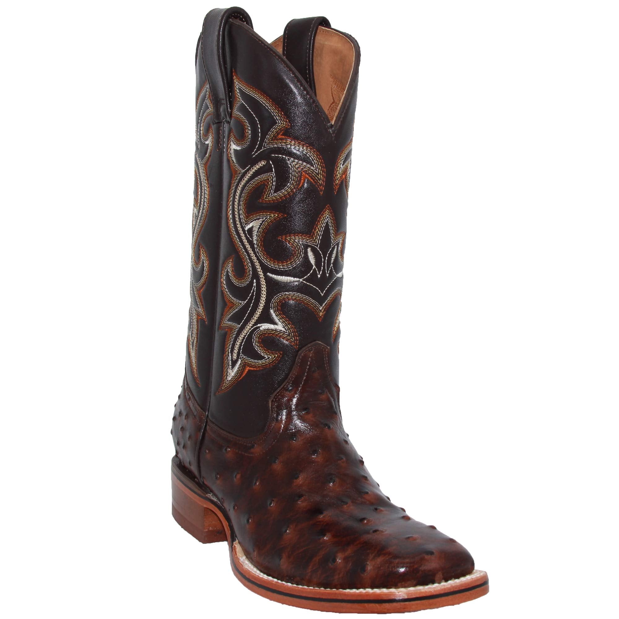 Men's Genuine Cowhide Leather Quill Ostrich Print Western Cowboy Square Toe Rodeo Boots