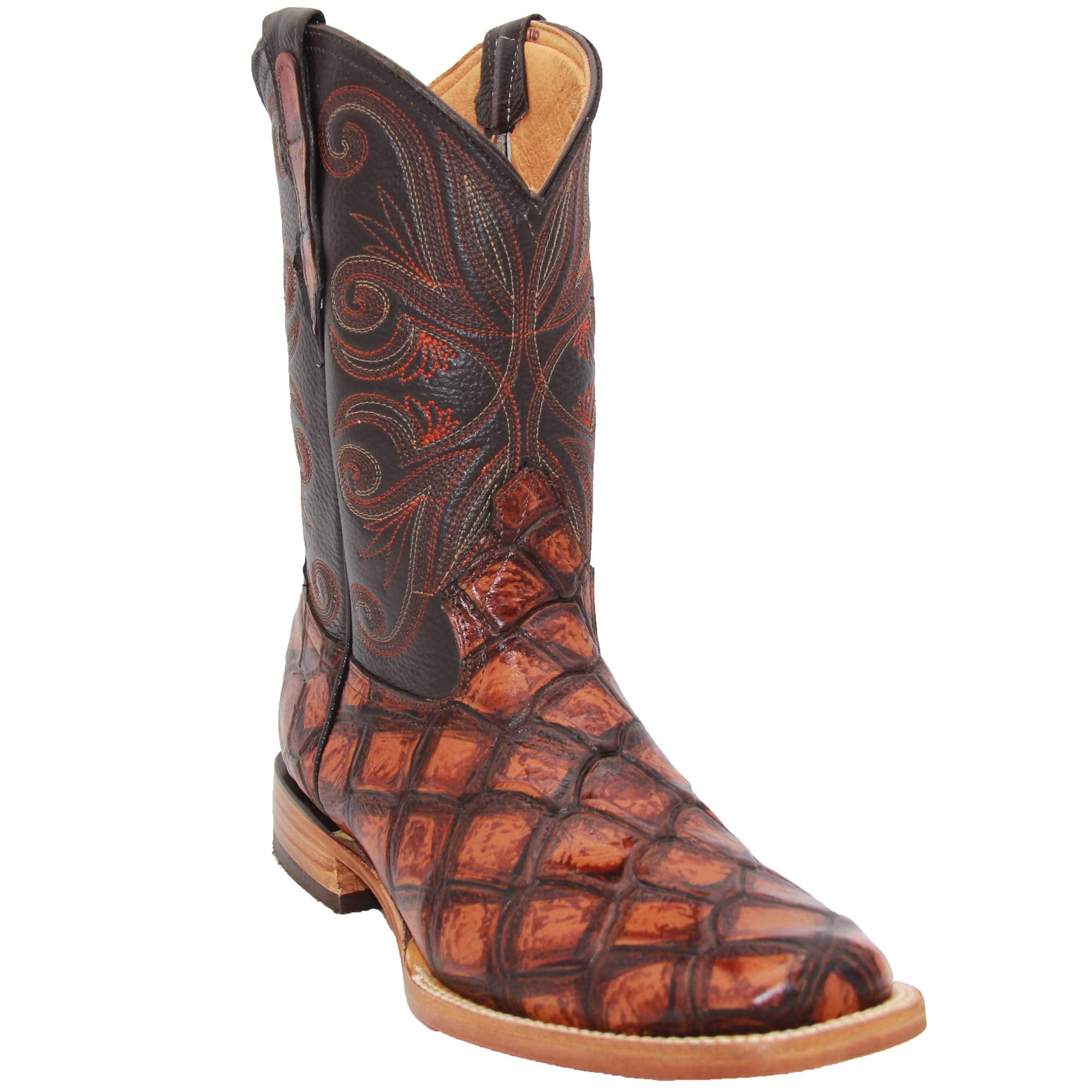 A men's square toe cowboy boot with a brown leather upper and a decorative exotic pirarucu fish print design, featuring leather stitched pull straps and a leather inner lining.