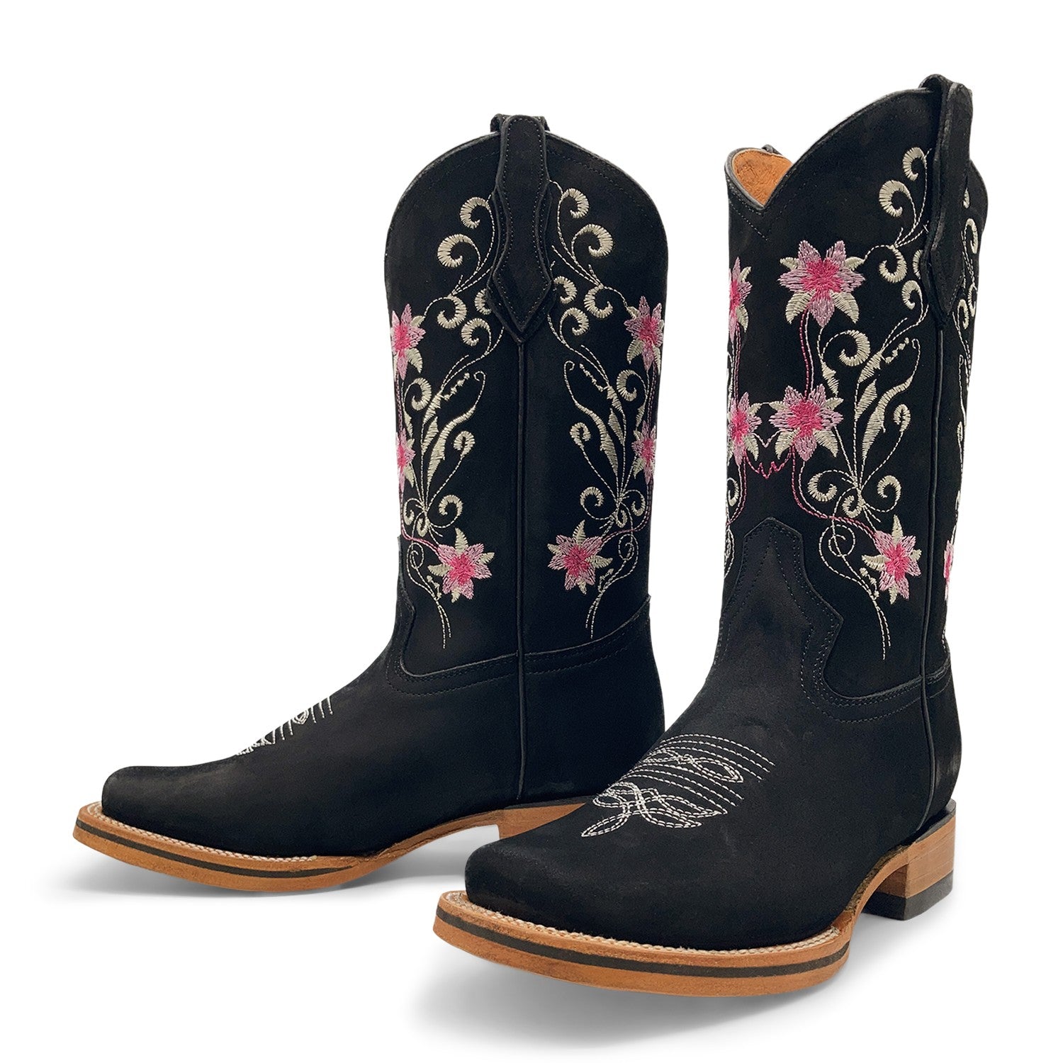 Women’s Cowboy Boot, Floral Embroidered Western Cowgirl Boots, Mid Calf Pull-On Square Toe