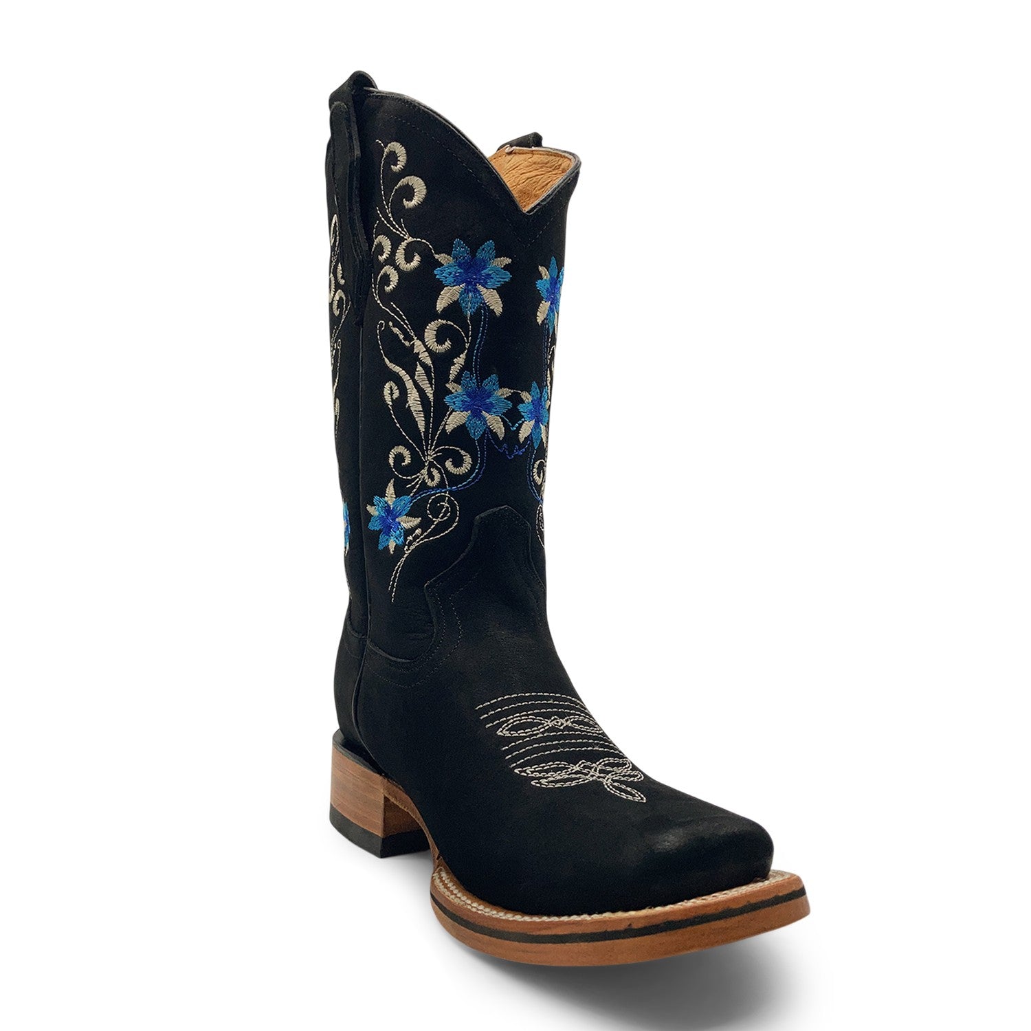 Women’s Cowboy Boot, Floral Embroidered Western Cowgirl Boots, Mid Calf Pull-On Square Toe