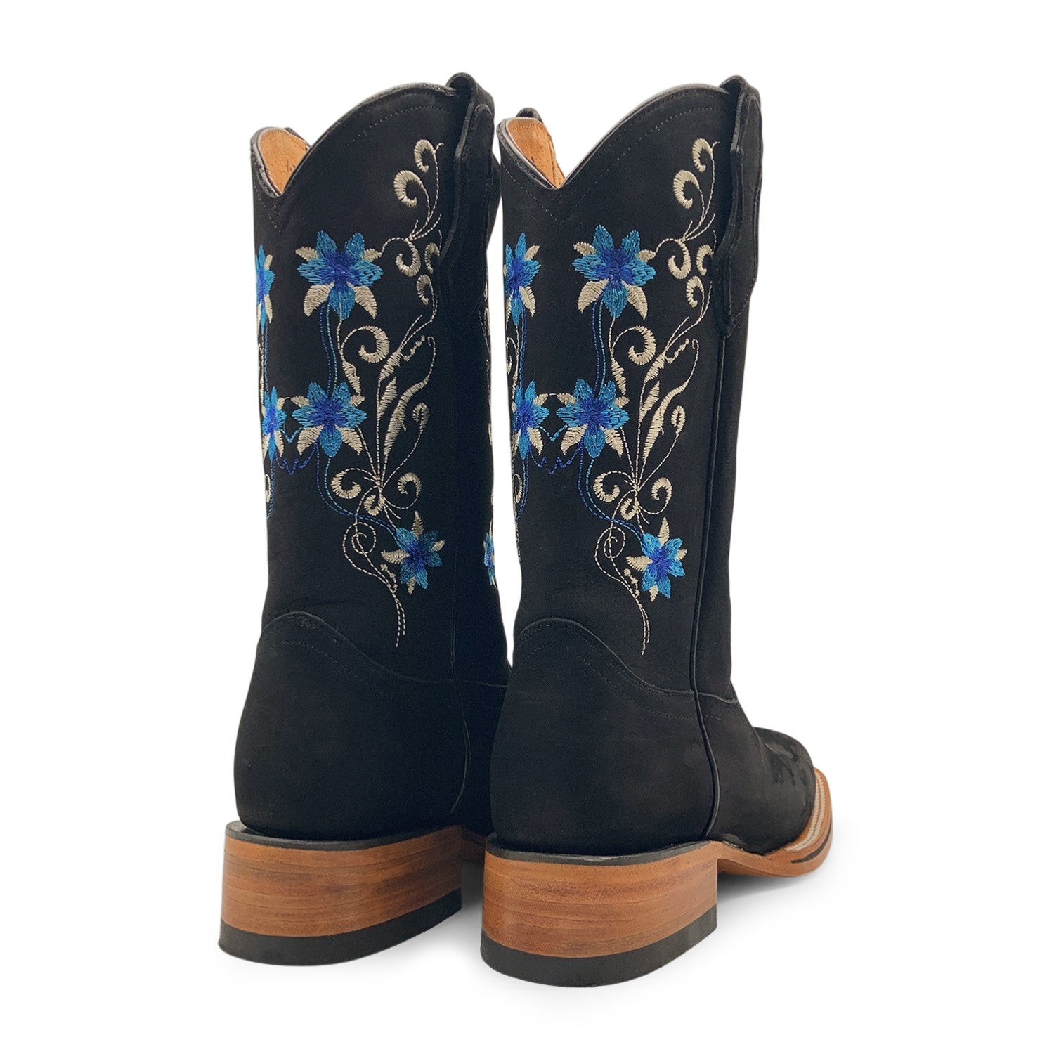 Women’s Cowboy Boot, Floral Embroidered Western Cowgirl Boots, Mid Calf Pull-On Square Toe