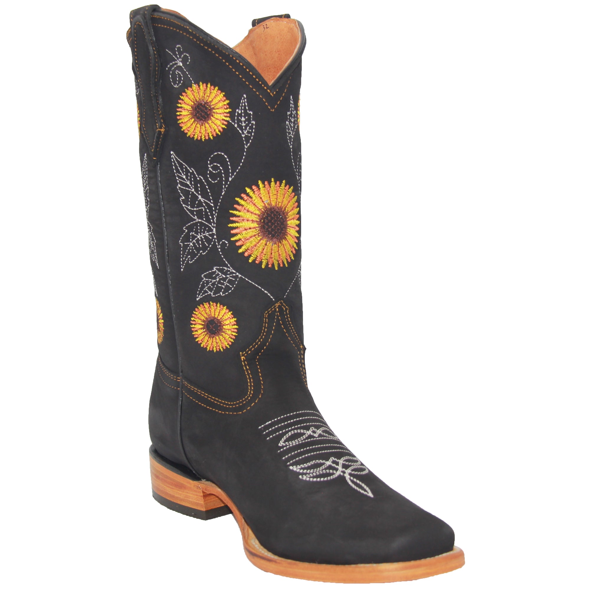 Women’s Cowgirl Cowboy Square Toe Leather Boots Sunflower Embroidered
