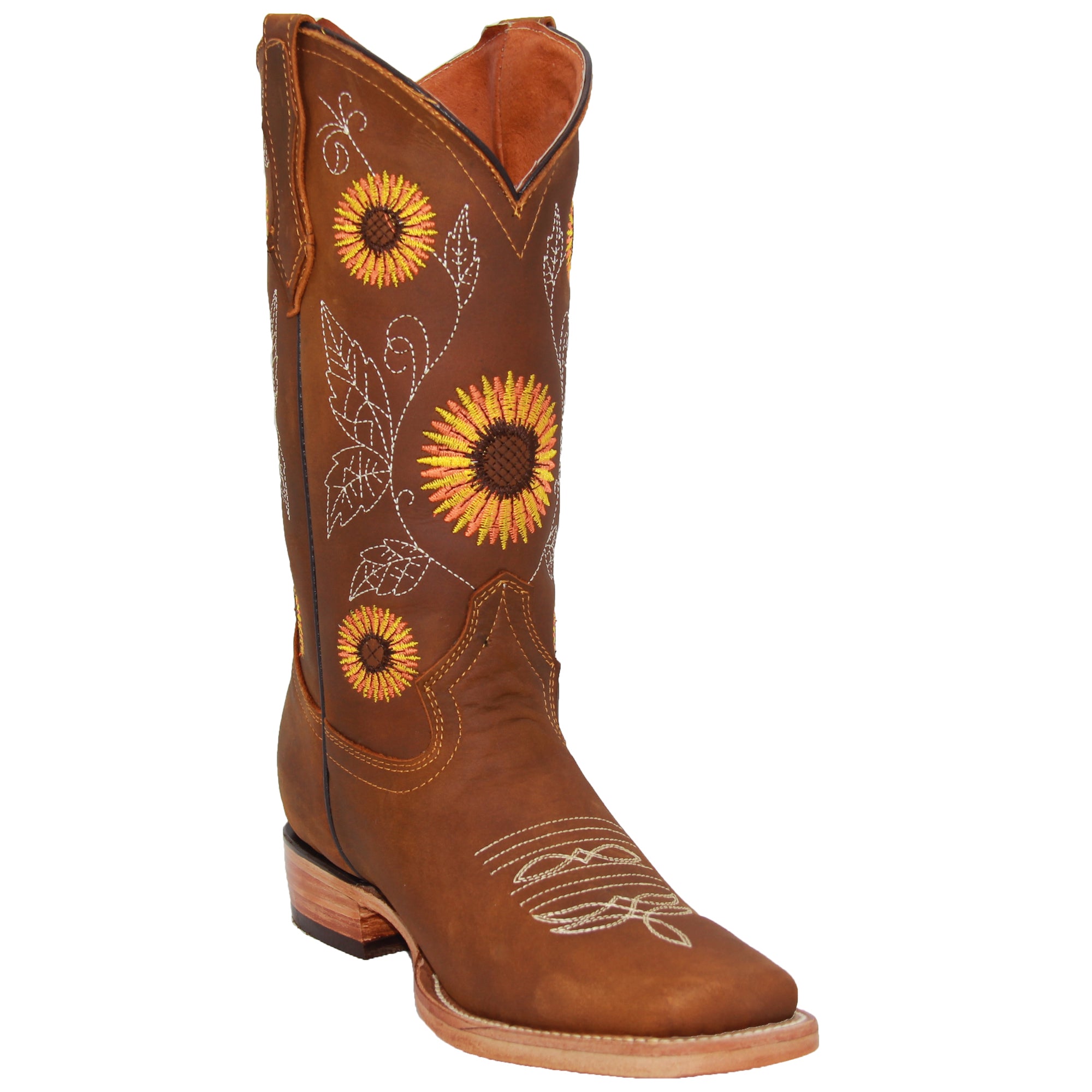 Women’s Cowgirl Cowboy Square Toe Leather Boots Sunflower Embroidered