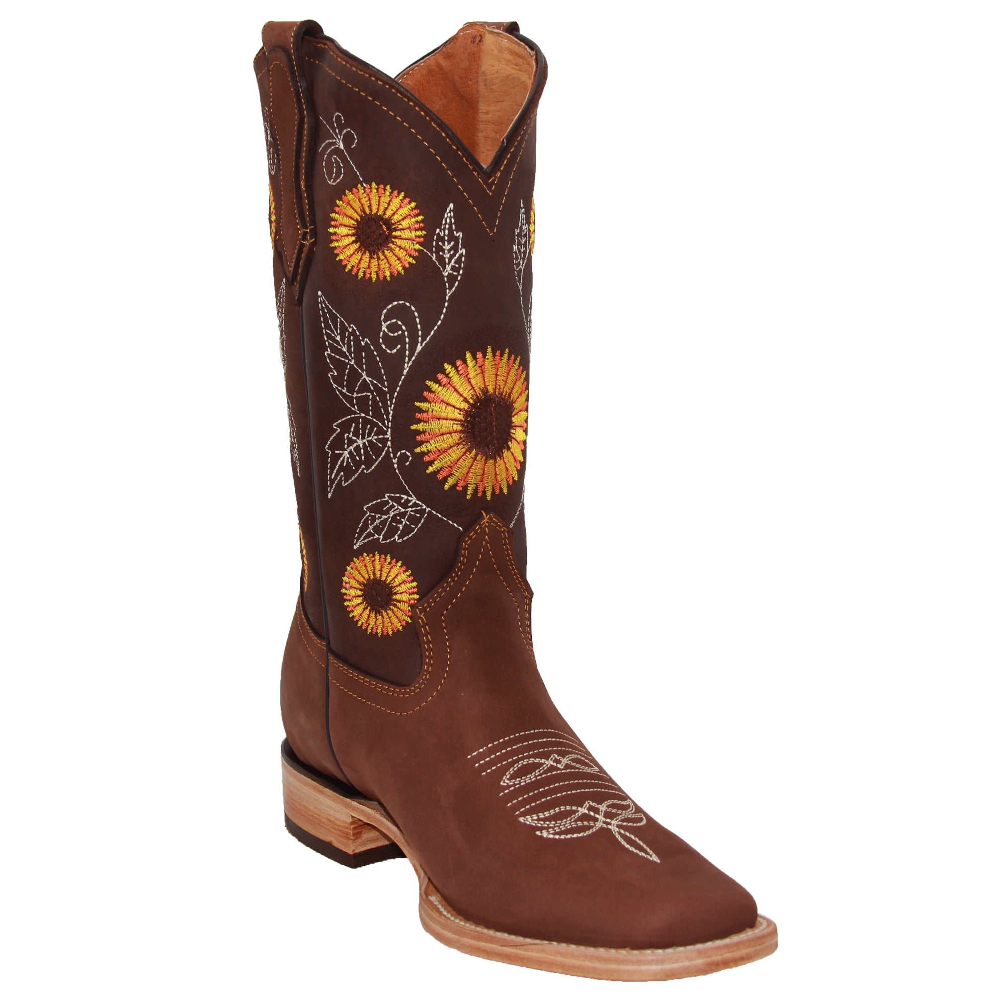Women’s Cowgirl Cowboy Square Toe Leather Boots Sunflower Embroidered
