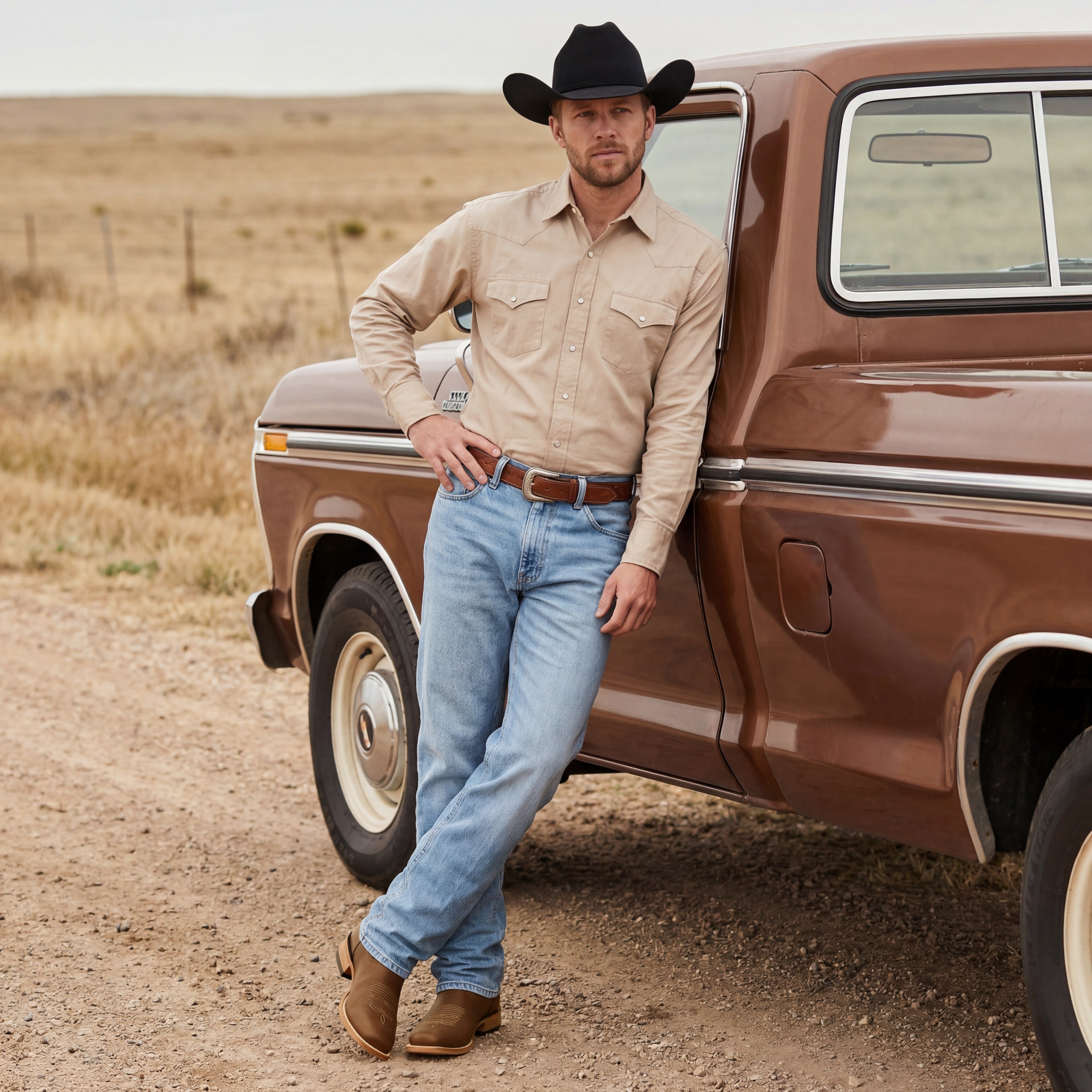 Men’s Genuine Leather Square Toe Pull-On Cowboy Boots – Brown Mid-Calf Western Riding & Ranch Boot