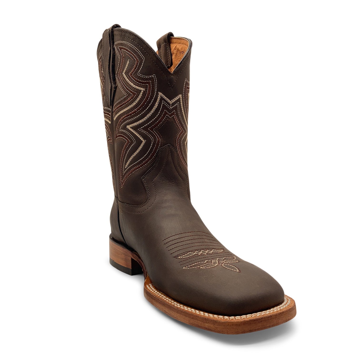 Men’s Genuine Leather Square Toe Pull-On Cowboy Boots – Brown Mid-Calf Western Riding & Ranch Boot
