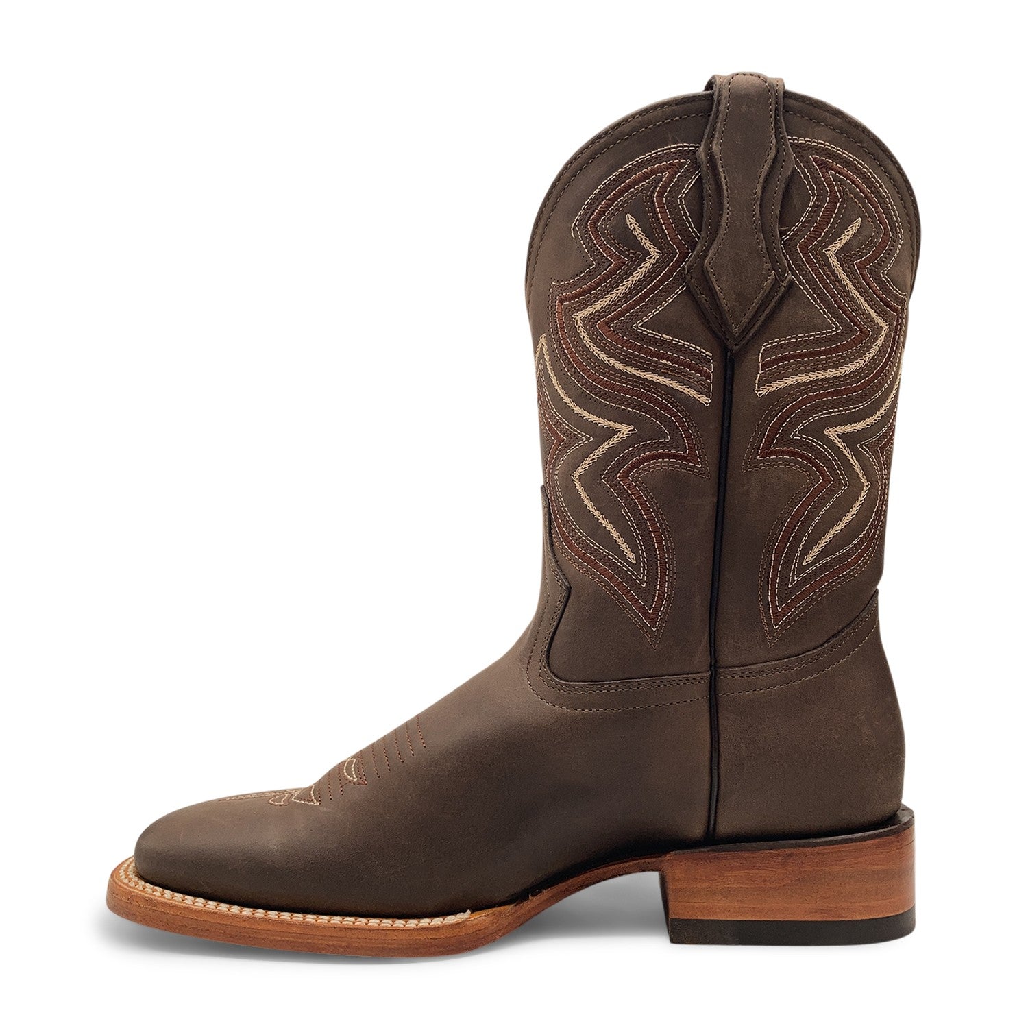 Men’s Genuine Leather Square Toe Pull-On Cowboy Boots – Brown Mid-Calf Western Riding & Ranch Boot