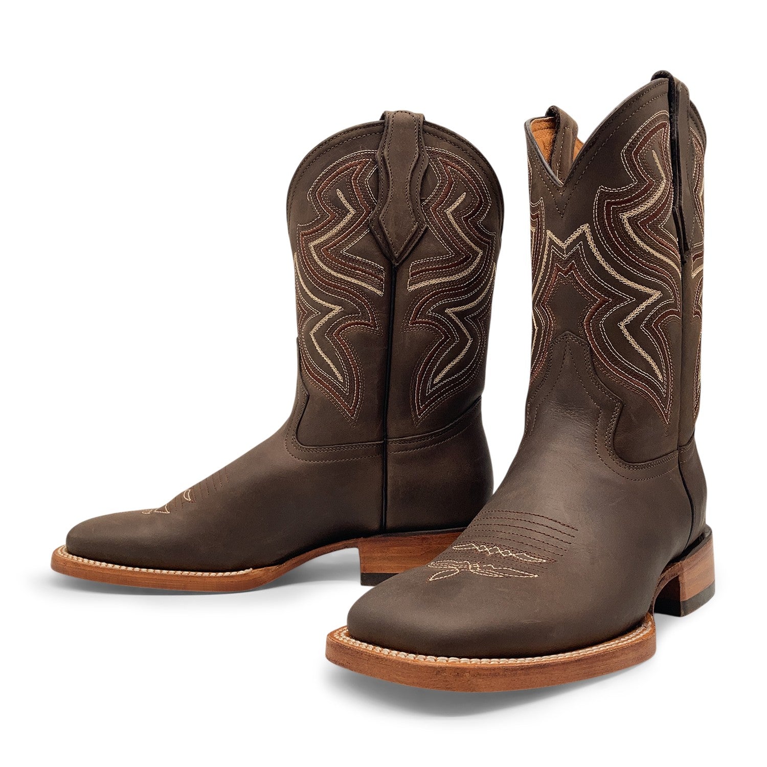 Men’s Genuine Leather Square Toe Pull-On Cowboy Boots – Brown Mid-Calf Western Riding & Ranch Boot