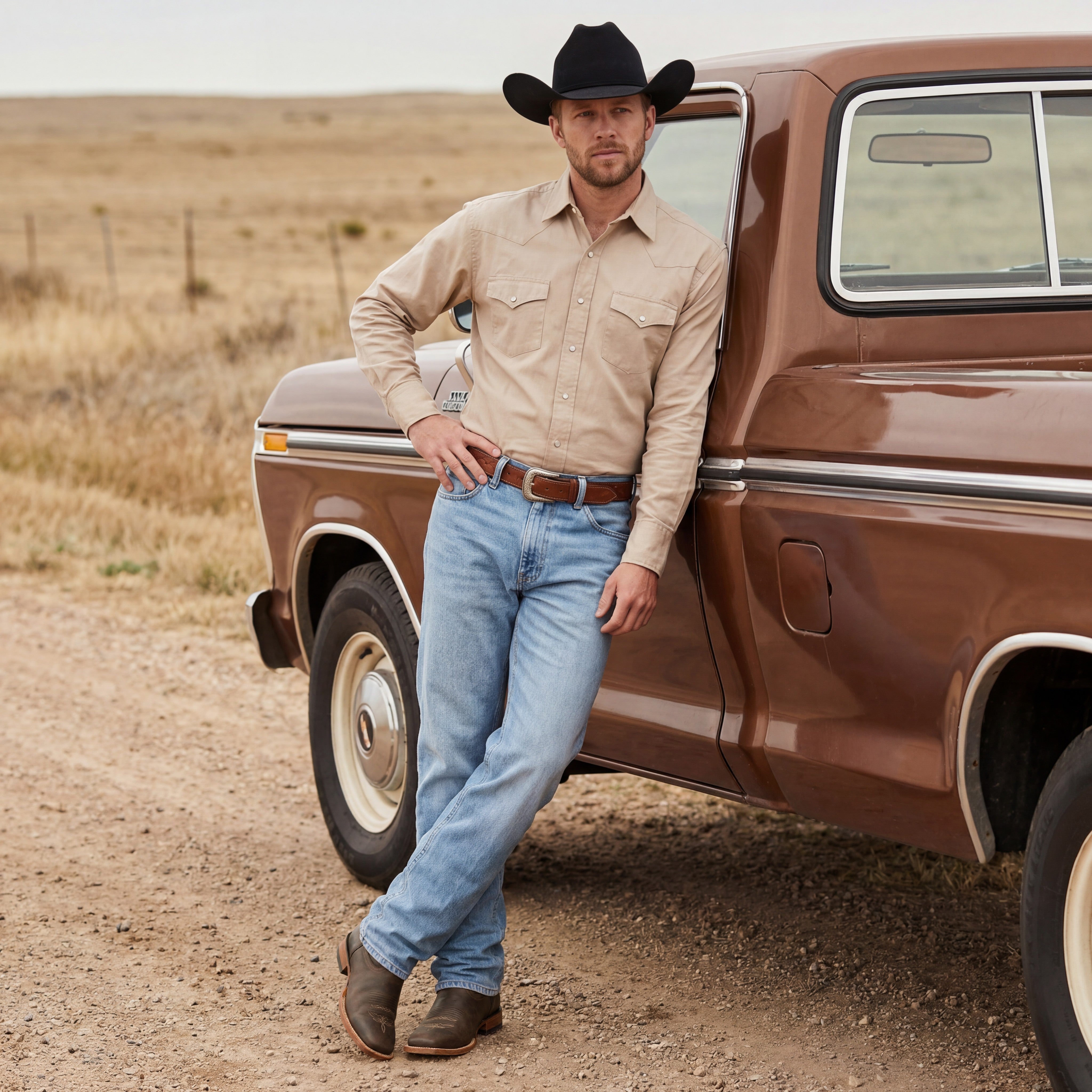 Men’s Genuine Leather Square Toe Pull-On Cowboy Boots – Brown Mid-Calf Western Riding & Ranch Boot