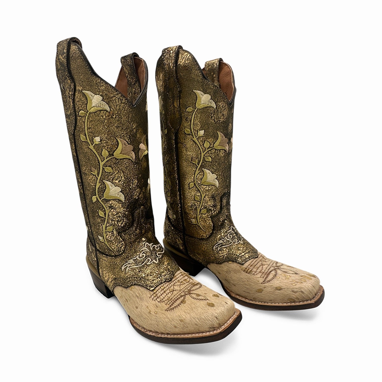 Women's Gold Embroidered Leather Cowboy Boot