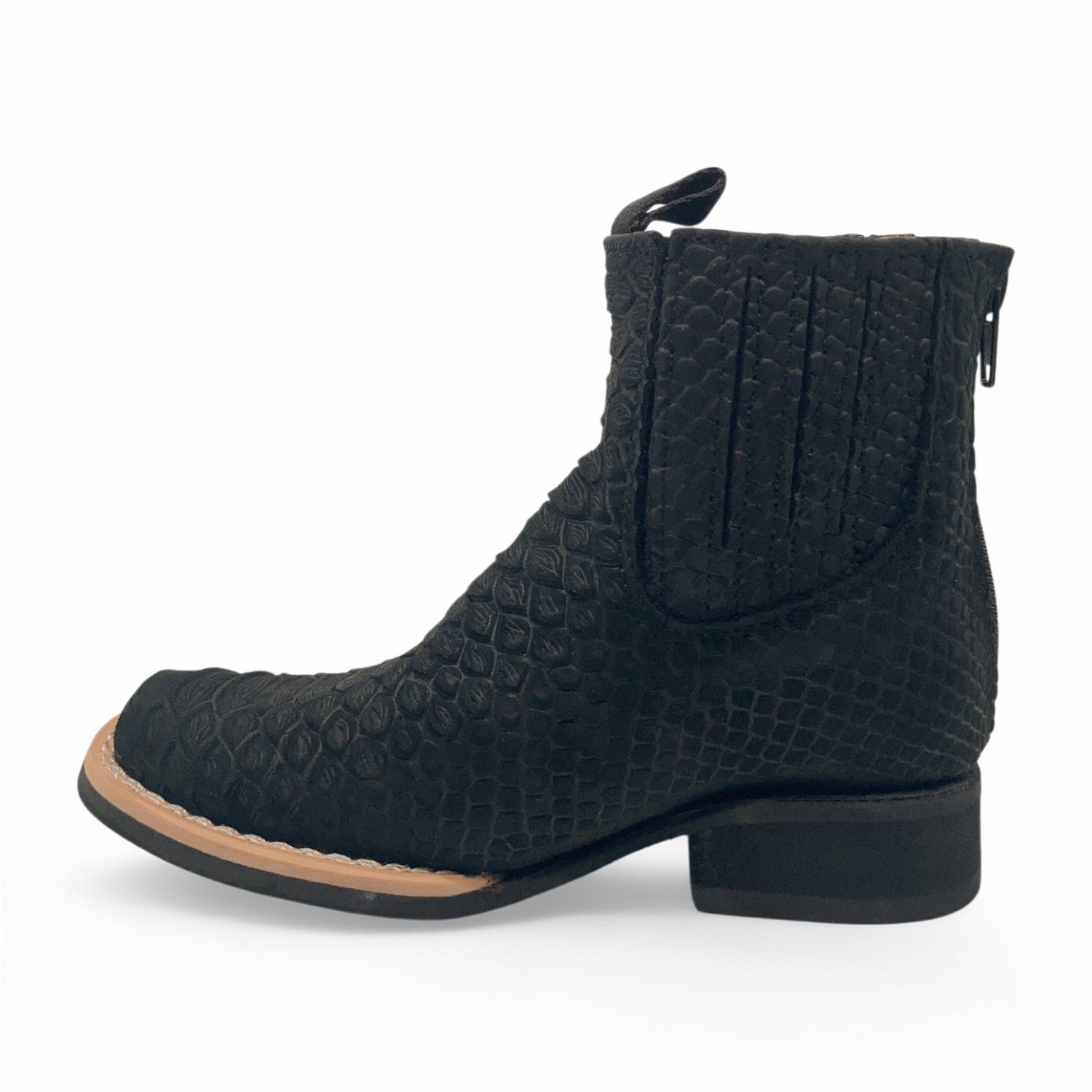 Kids Python Print Leather Ankle Boots, Square Toe Zipper Boys Western Boot