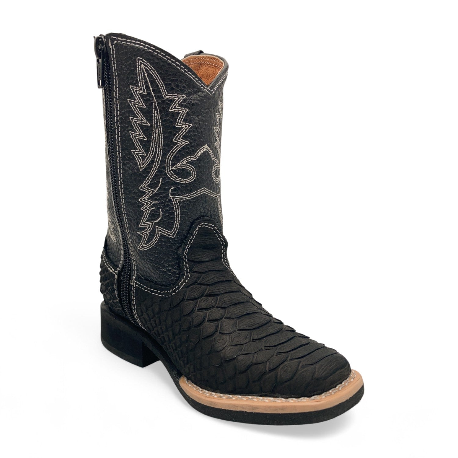 Kids Python Print Leather Cowboy Boots, Square Toe Side Zipper Boys Western Boot