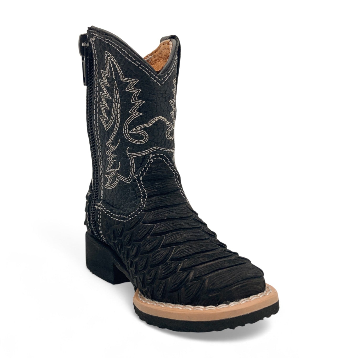 Infant Kids Python Print Leather Cowboy Boots, Square Toe Side Zipper Baby Western Boots