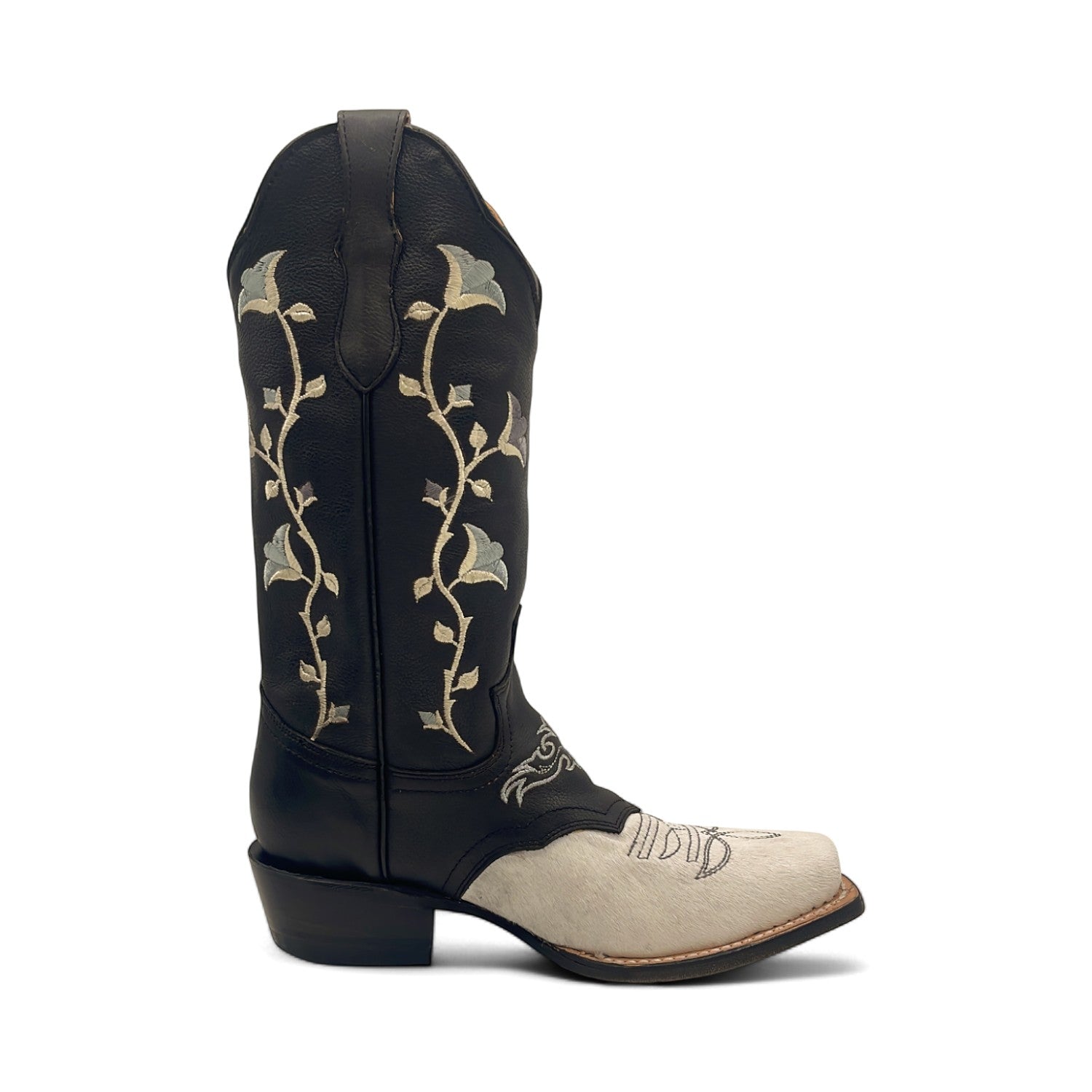 Women’s Embroidered Square Toe Calf Hair Boots Mid-Calf Low Heel