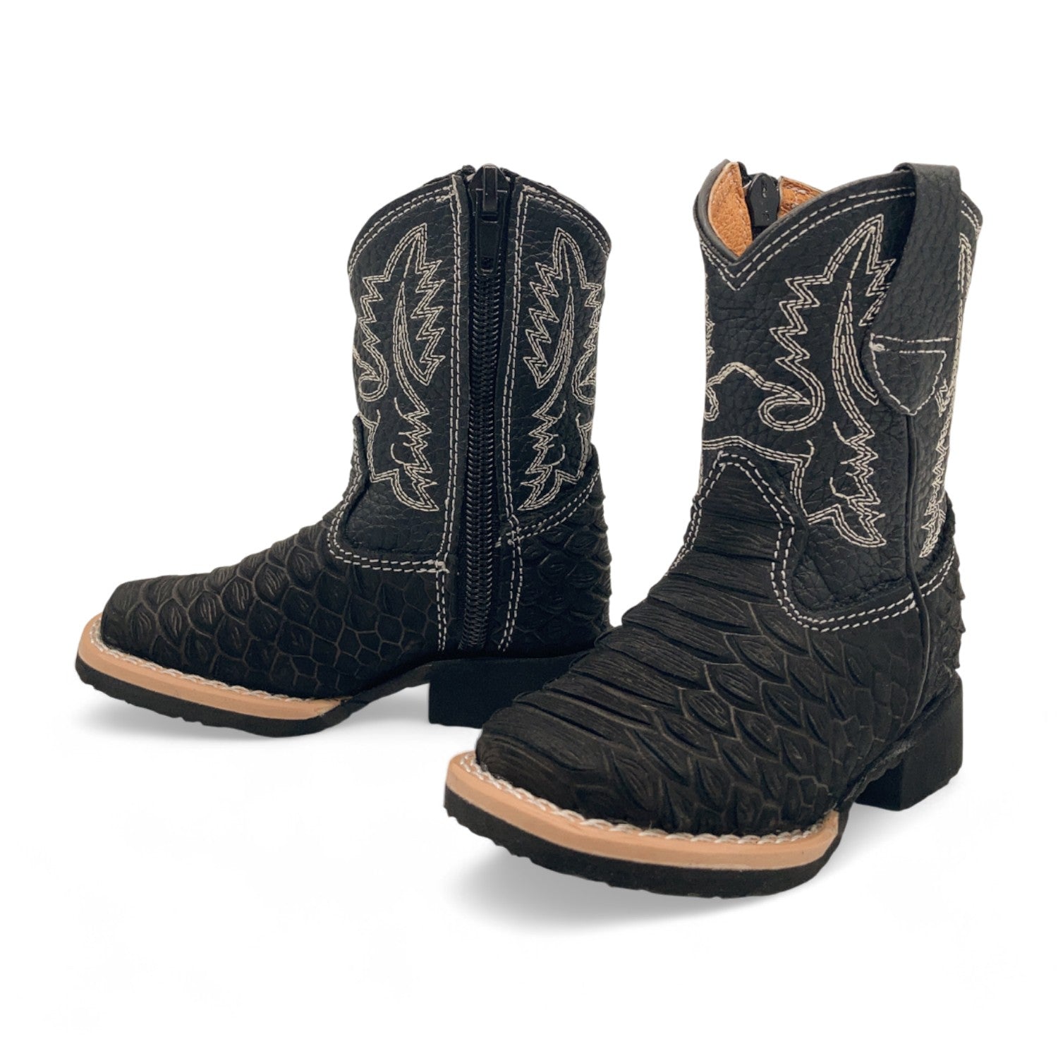 Infant Kids Python Print Leather Cowboy Boots, Square Toe Side Zipper Baby Western Boots