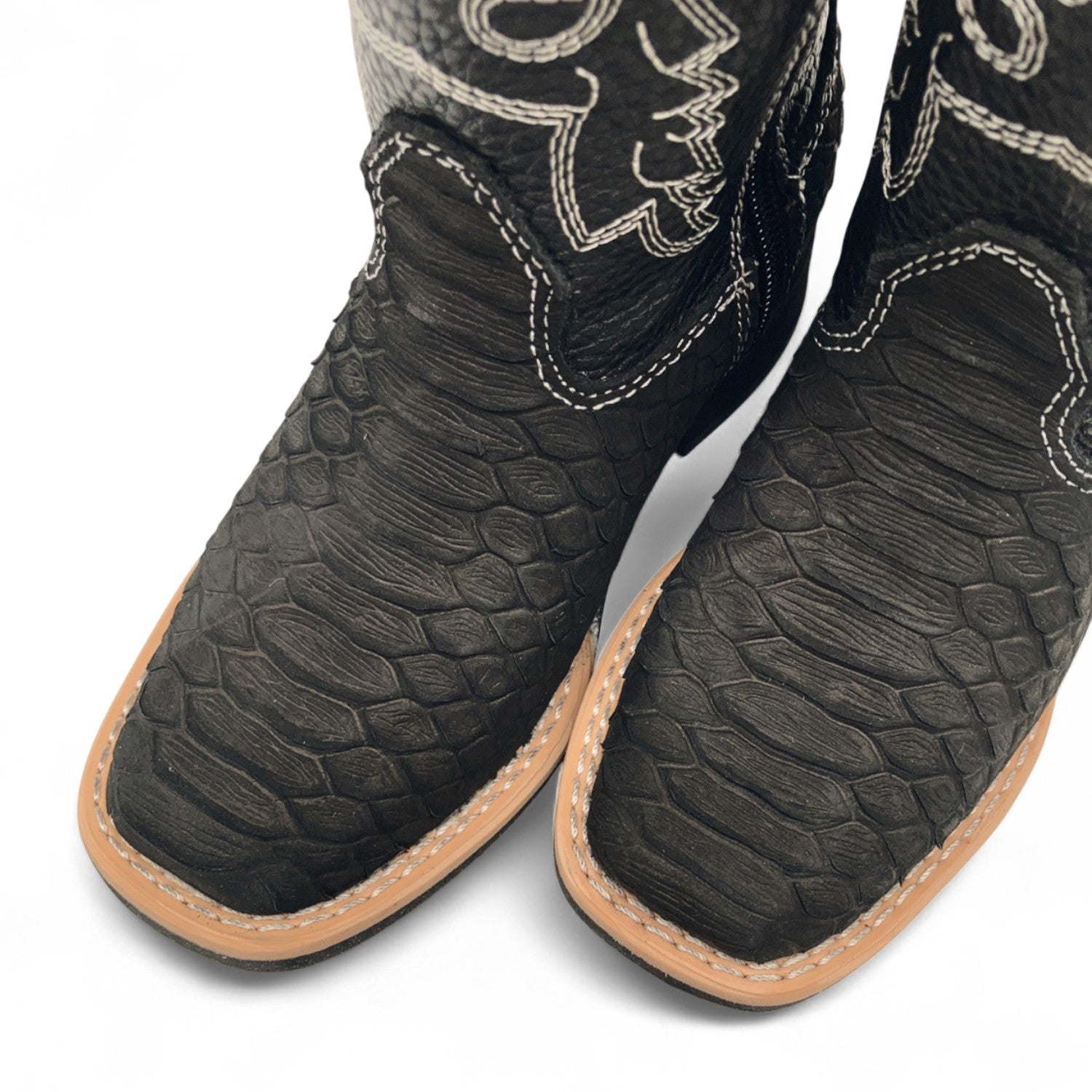 Kids Python Print Leather Cowboy Boots, Square Toe Side Zipper Boys Western Boot