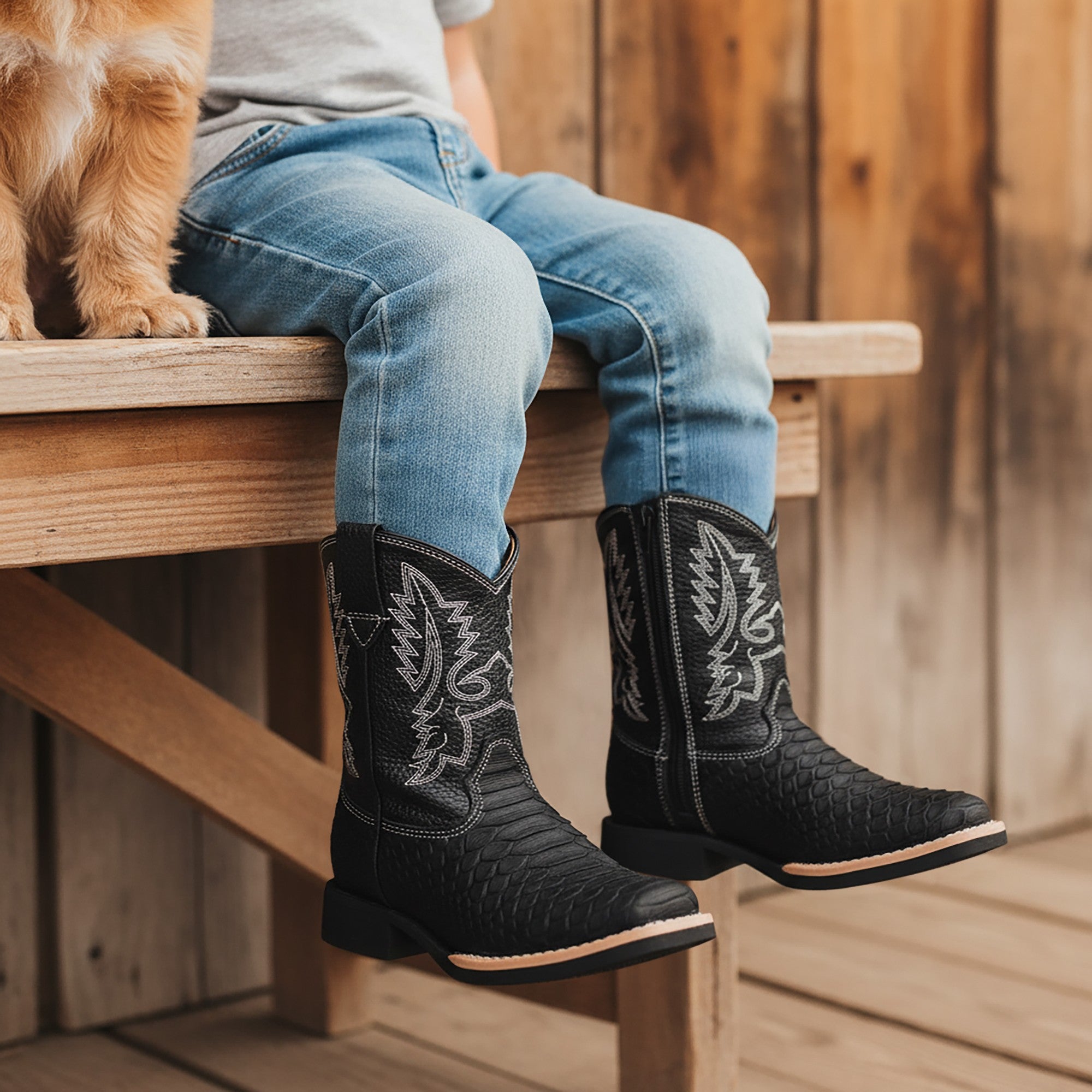 Kids Python Print Leather Cowboy Boots, Square Toe Side Zipper Boys Western Boot