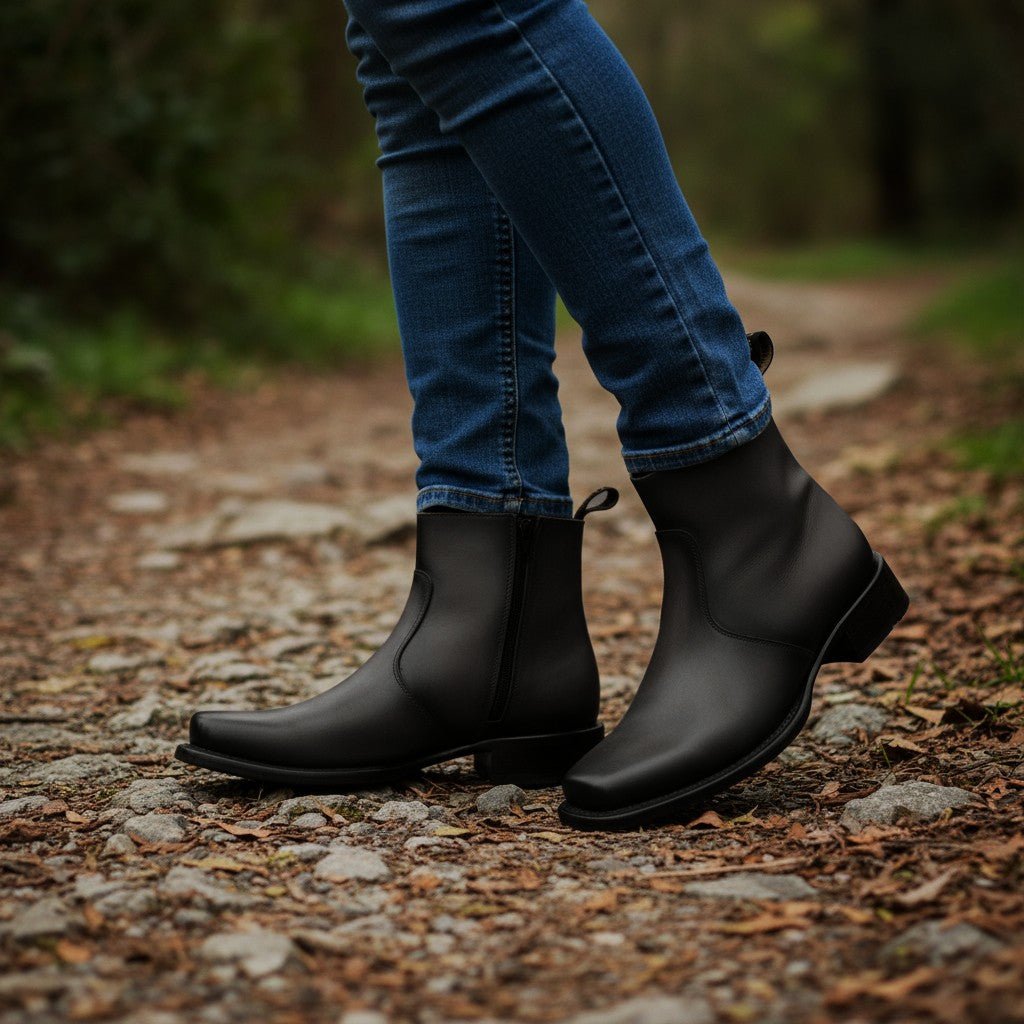Men’s Leather Ankle Western Boot Side Zipper Square Toe