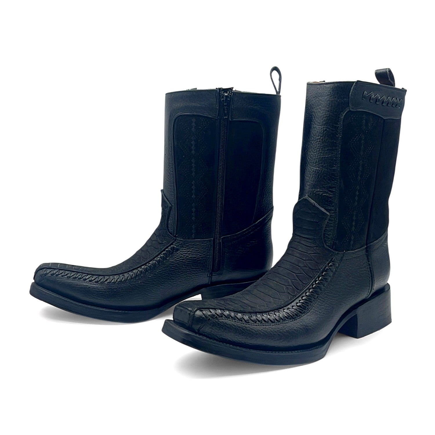 Men’s Leather Western Boot With Embossed Python Print Zipper Closure