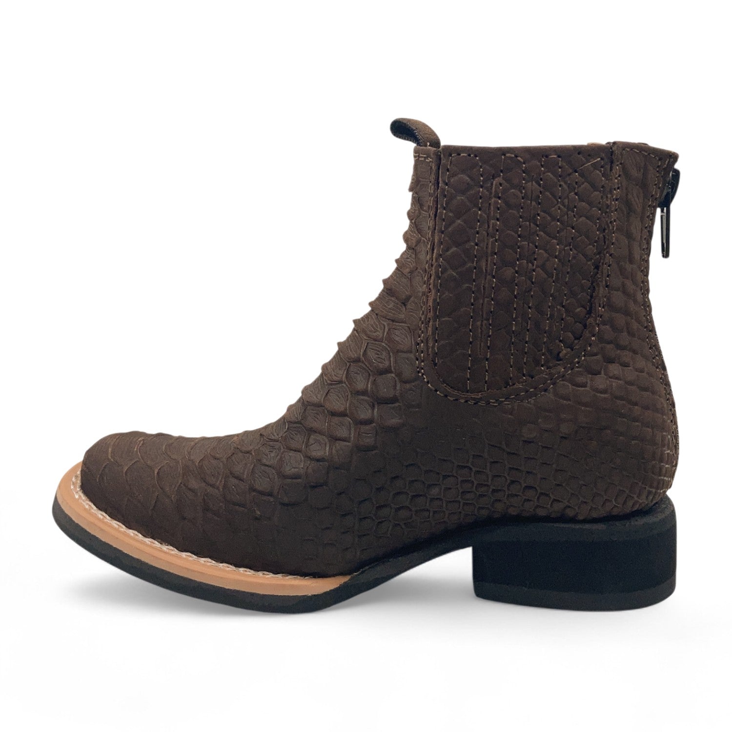 Kids Python Print Leather Ankle Boots, Square Toe Zipper Boys Western Boot