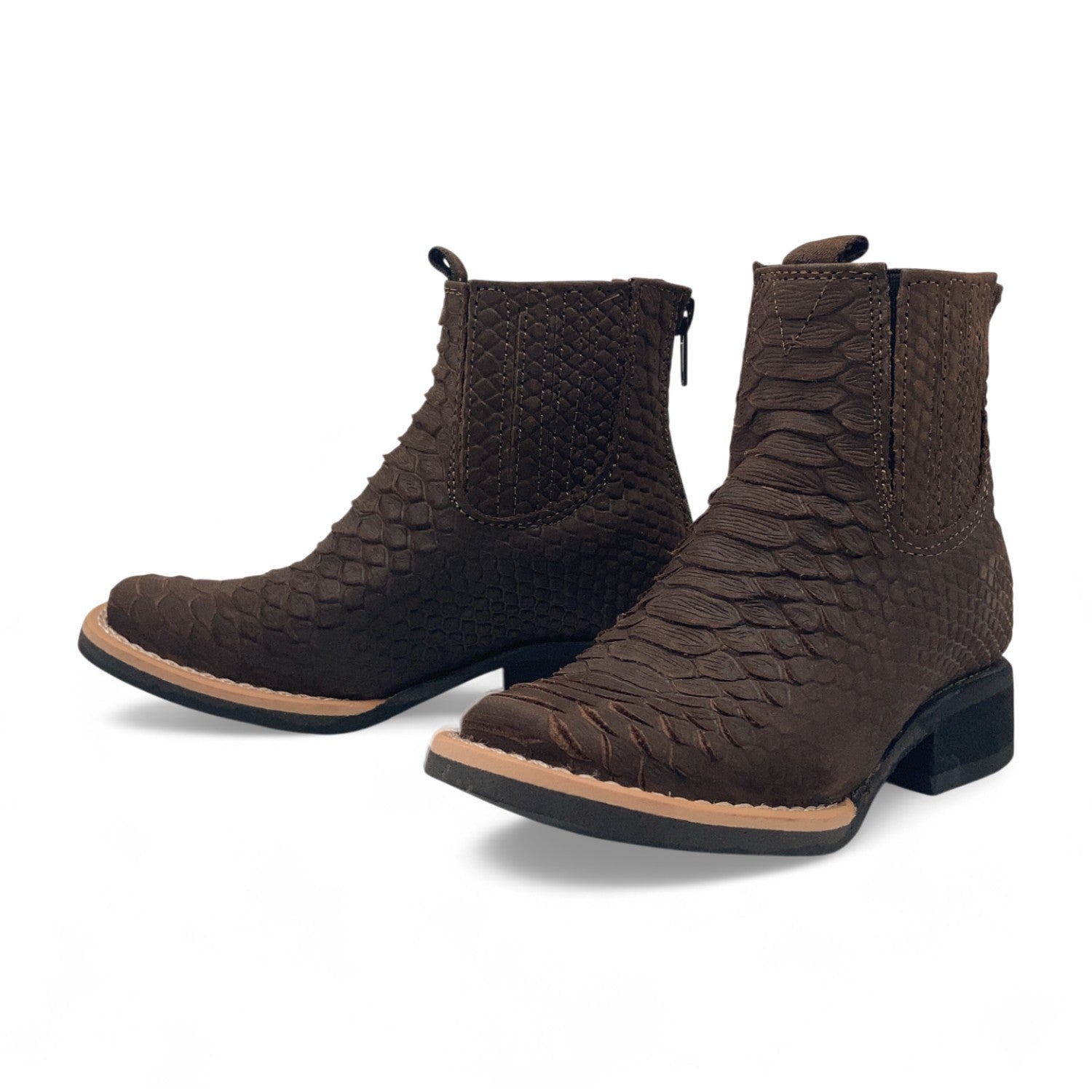 Kids Python Print Leather Ankle Boots, Square Toe Zipper Boys Western Boot