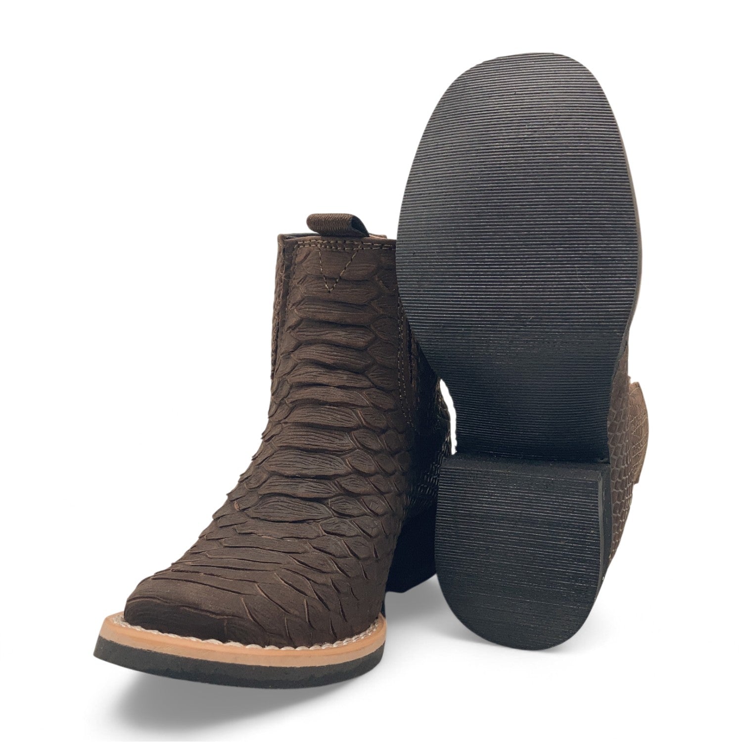 Kids Python Print Leather Ankle Boots, Square Toe Zipper Boys Western Boot