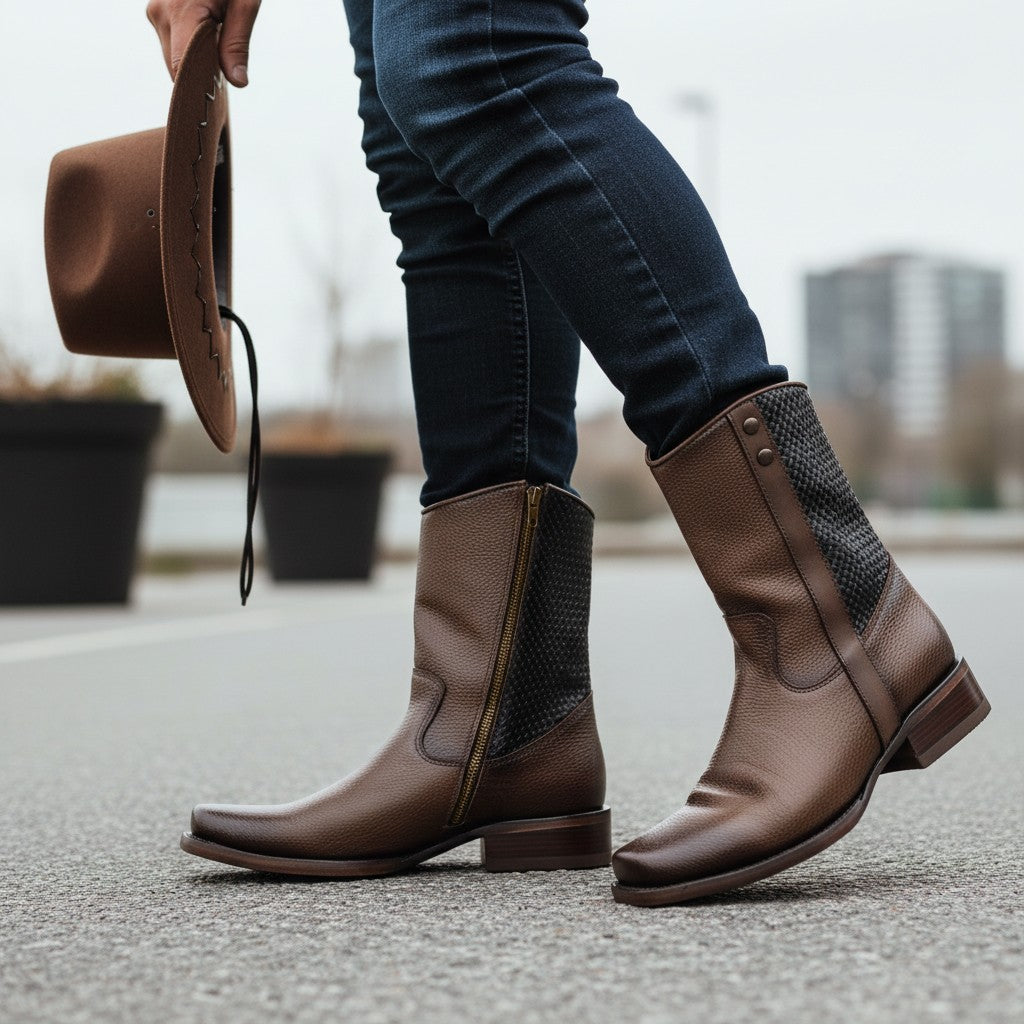 Men’s Genuine Leather Midcalf Western Cowboy Boot, With Side Zipper, Square Toe