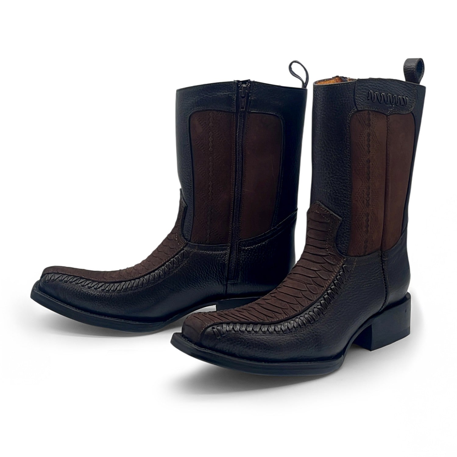 Men’s Leather Western Boot With Embossed Python Print Zipper Closure