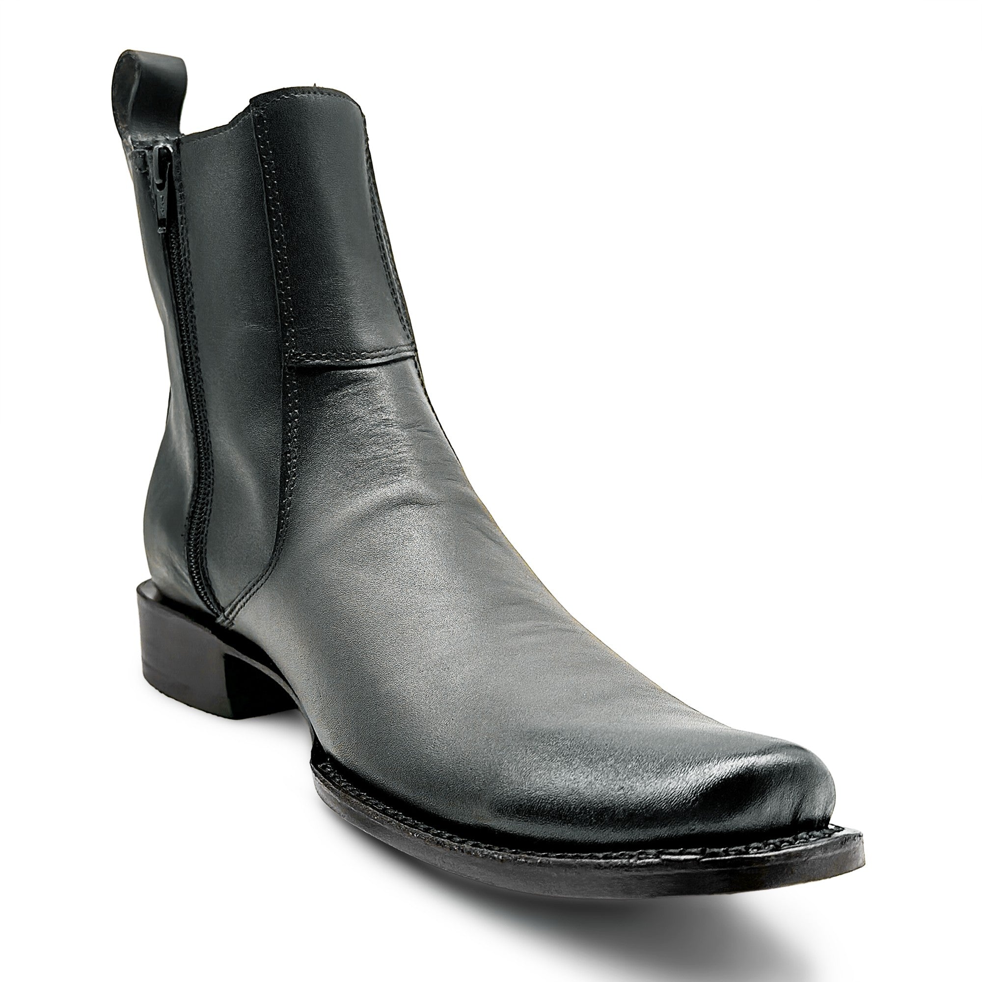 Men's Genuine Leather Ankle High Western Boot Side Zipper Square Toe Dress Cowboy Boot