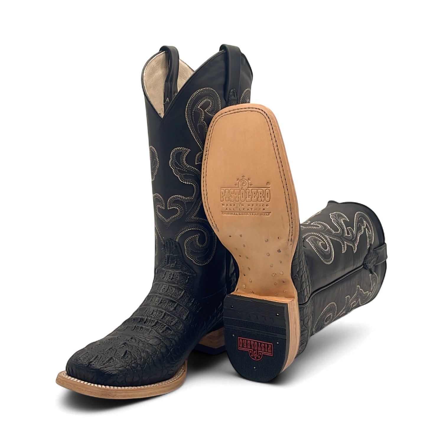 Men’s Leather Cowboy Boot Square Toe Embossed Alligator Crocodile Print