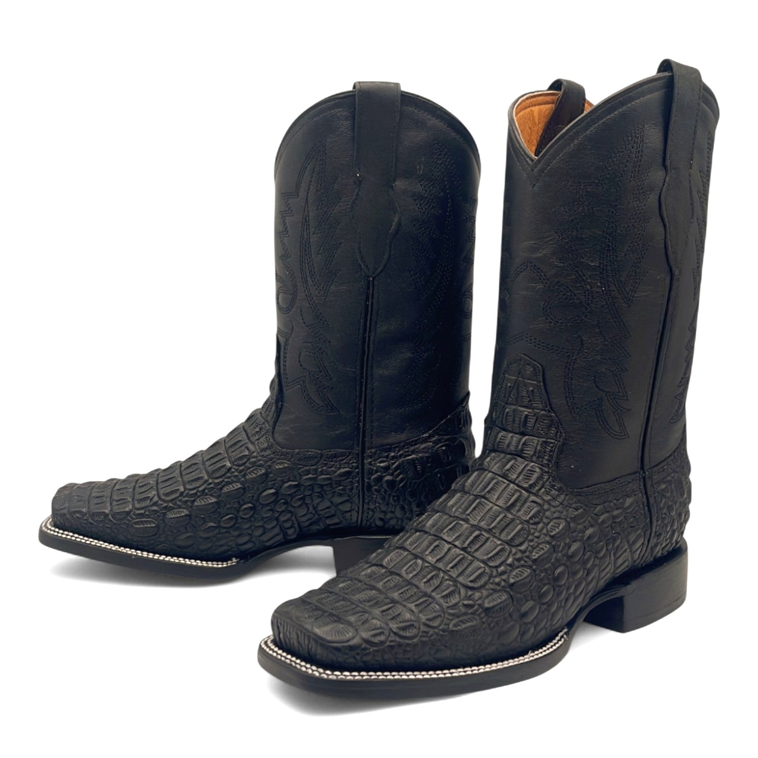 Men’s Leather Square Toe Western Boot With Embossed Crocodile Print