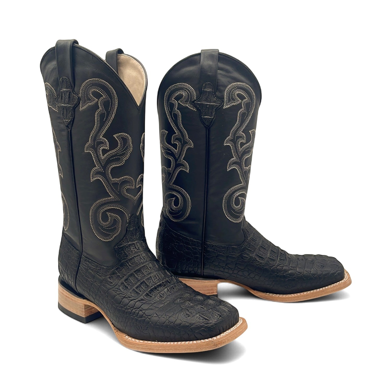 Men’s Leather Cowboy Boot Square Toe Embossed Alligator Crocodile Print