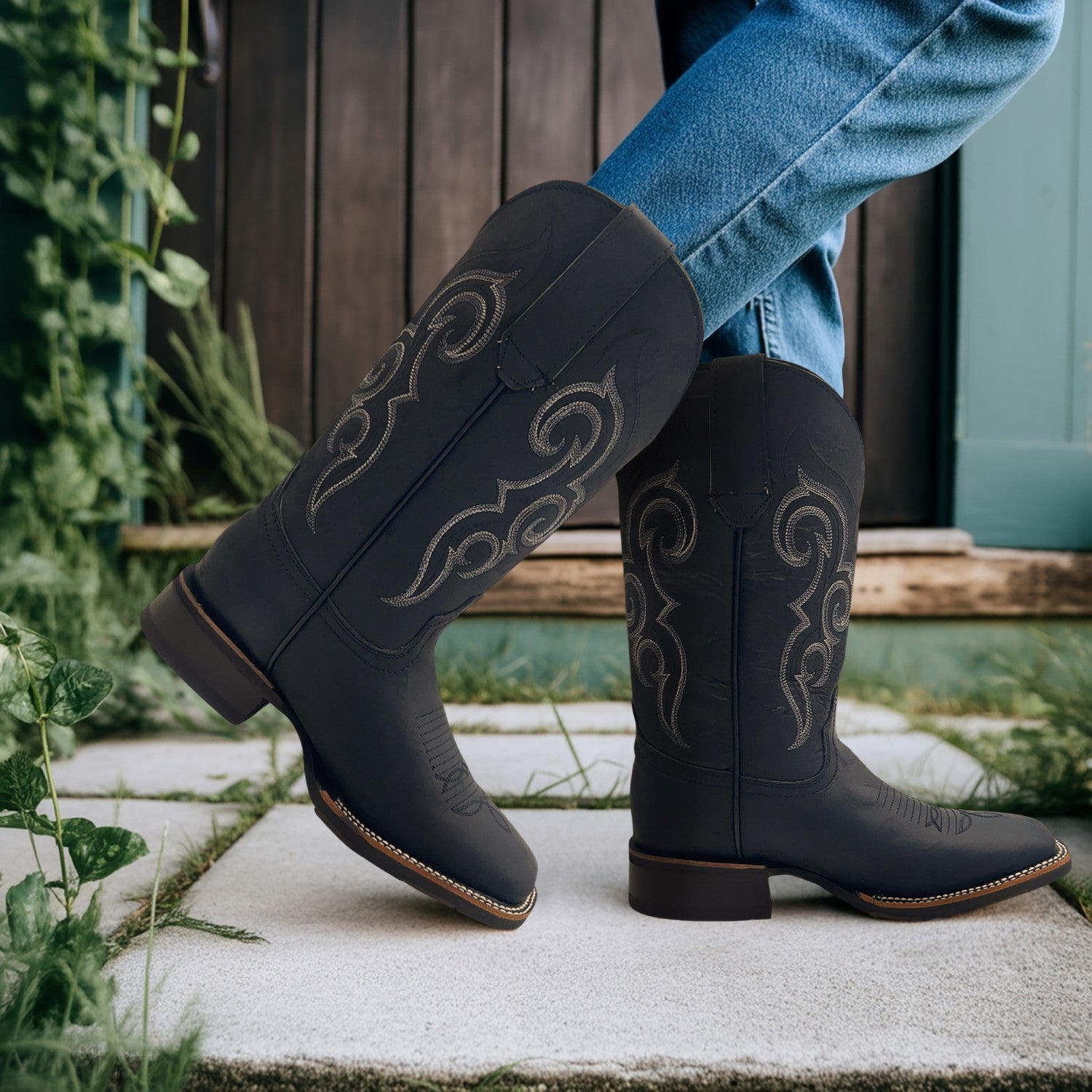 Men's Square Toe Leather Cowboy Boot Midcalf Rubber Sole