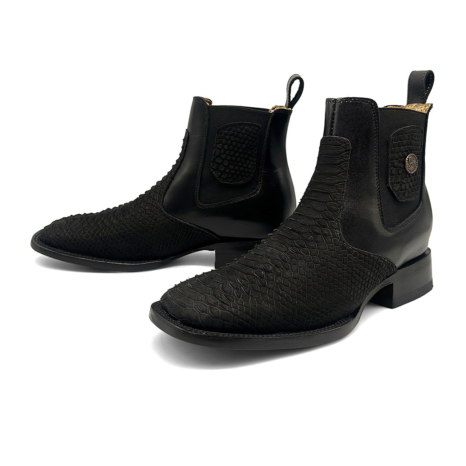 Men’s Genuine Leather Broad Square Toe Embossed Python Snake Print Ankle Botin Cowboy Boot